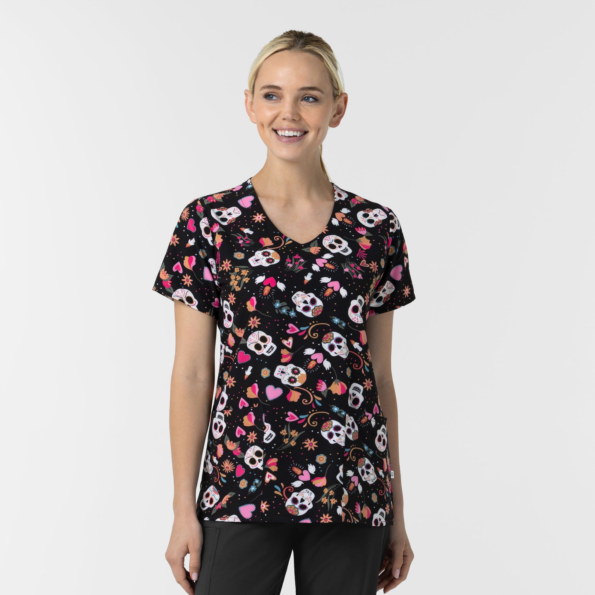 Fashion Prints 6147 Women's V-Neck Print Scrub Top Sugar Skull Fiesta