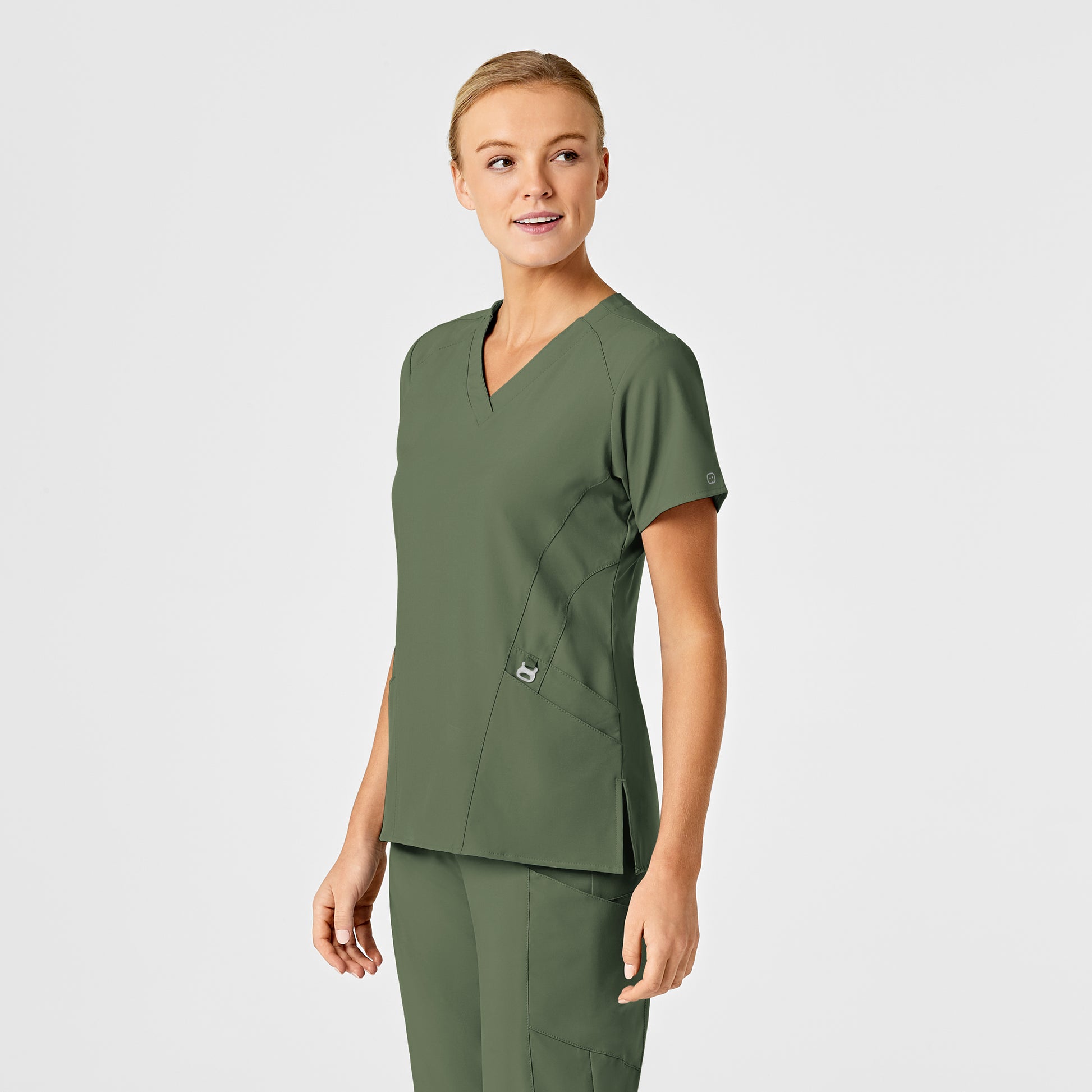 W123 6155 Stylized V-Neck Scrub Top Olive Model Image Right Side | Wink