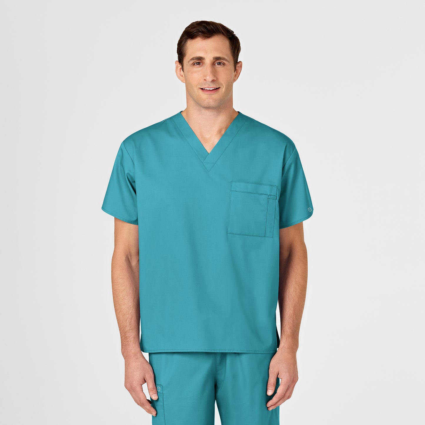 WonderWORK 100 Unisex V-Neck Scrub Top Teal Blue Model Image Left Side | Wink