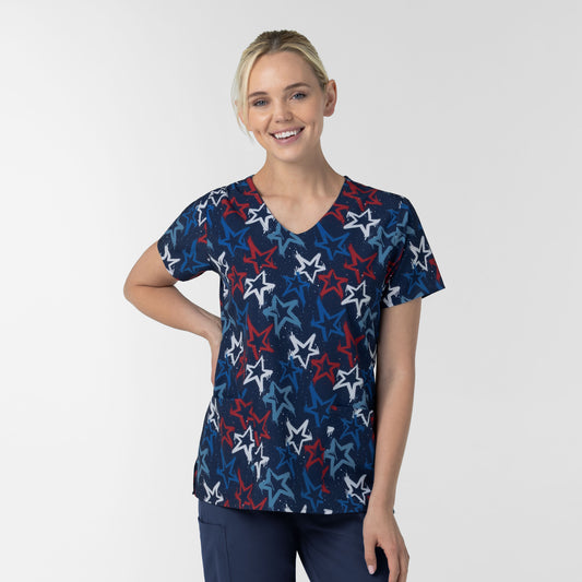 Fashion Prints 6147 Women's V-Neck Print Scrub Top Star Spangled Sky