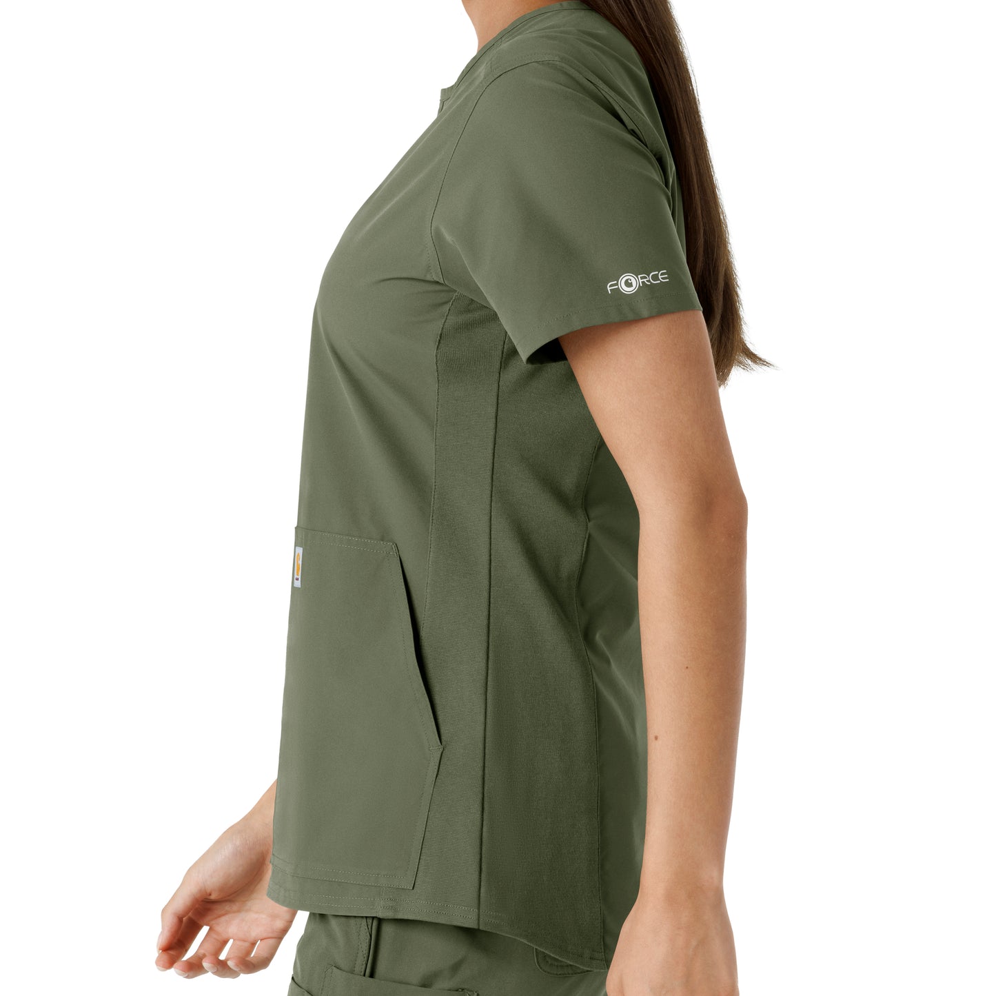 Force Essentials C12413 Notch Neck Tunic Knit Panel Scrub Top Olive Model Image Alternate | Carhartt