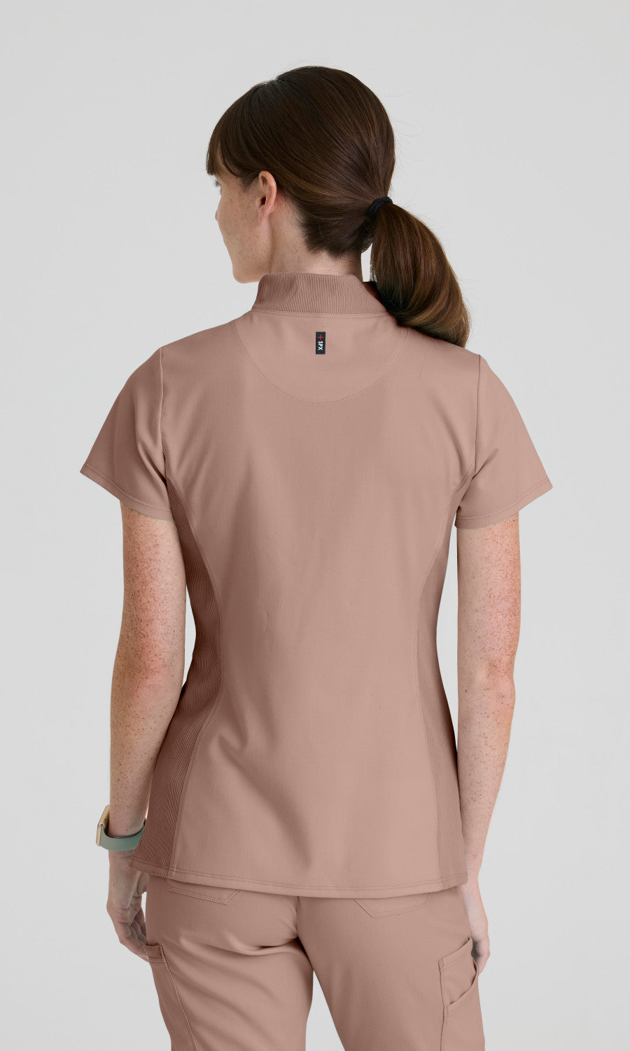 Greys Anatomy Spandex Stretch GRST292 Women's Kristi Top in Warm Mocha by Barco Model Image Back