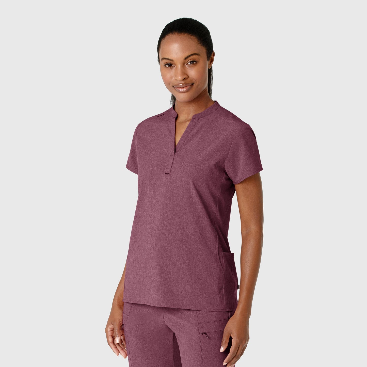 RENEW 6734 Mandarin Collar Scrub Top Wine Heather Model Image Right Side | Wink