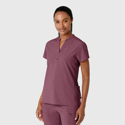 RENEW 6734 Mandarin Collar Scrub Top Wine Heather Model Image Right Side | Wink