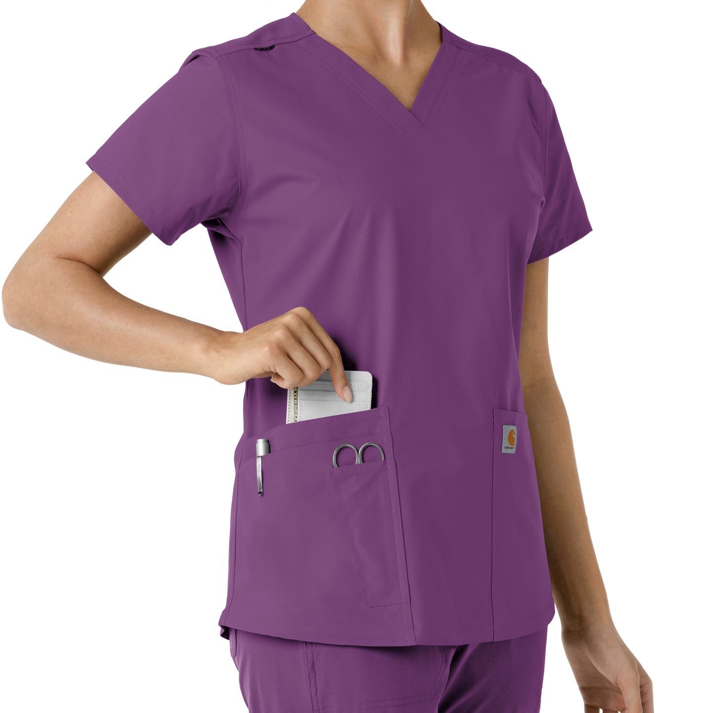 Force Essentials C12313 V-Neck Knit Panel Scrub Top Eggplant Model Image Alternate | Carhartt