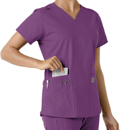 Force Essentials C12313 V-Neck Knit Panel Scrub Top Eggplant Model Image Alternate | Carhartt