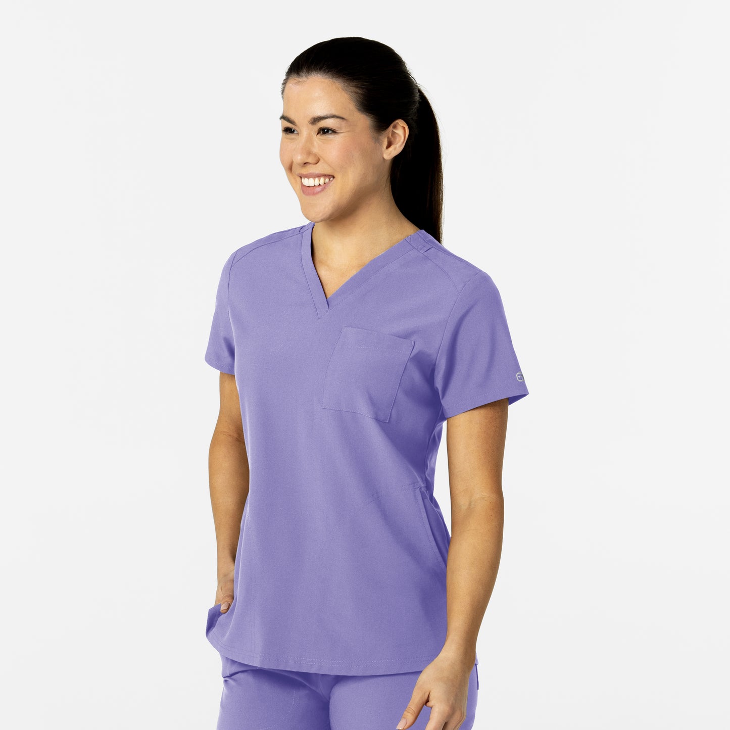 W123 6045 Flex-n-Reach V-Neck Scrub Top Iris Purple Model Image Right Side | Wink