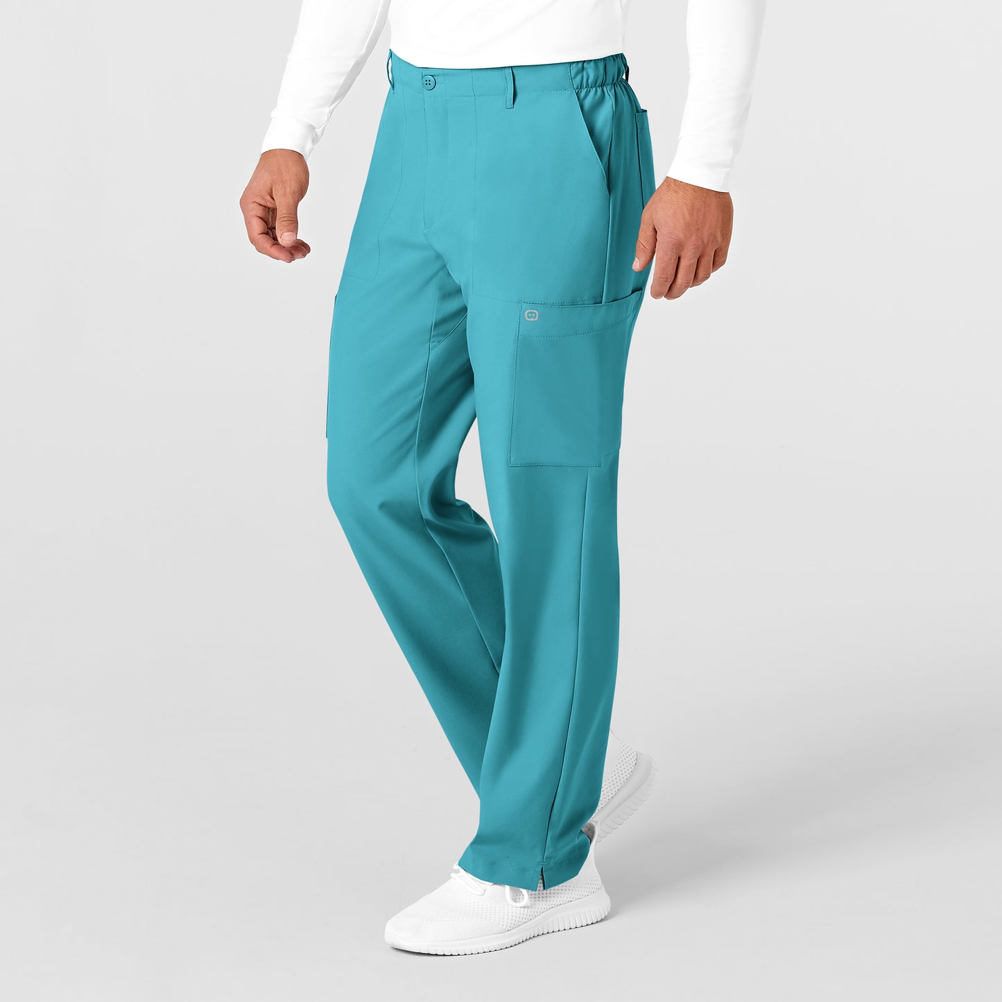 W123 5355 Men's Flat Front Cargo Scrub Pants Teal Blue Model Image Right Side | Wink