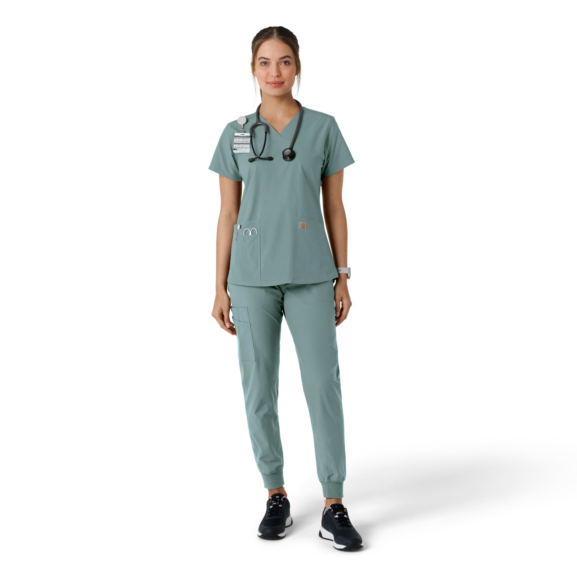 Force Essentials C12313 V-Neck Knit Panel Scrub Top Summer Blue Model Image Right Side | Carhartt