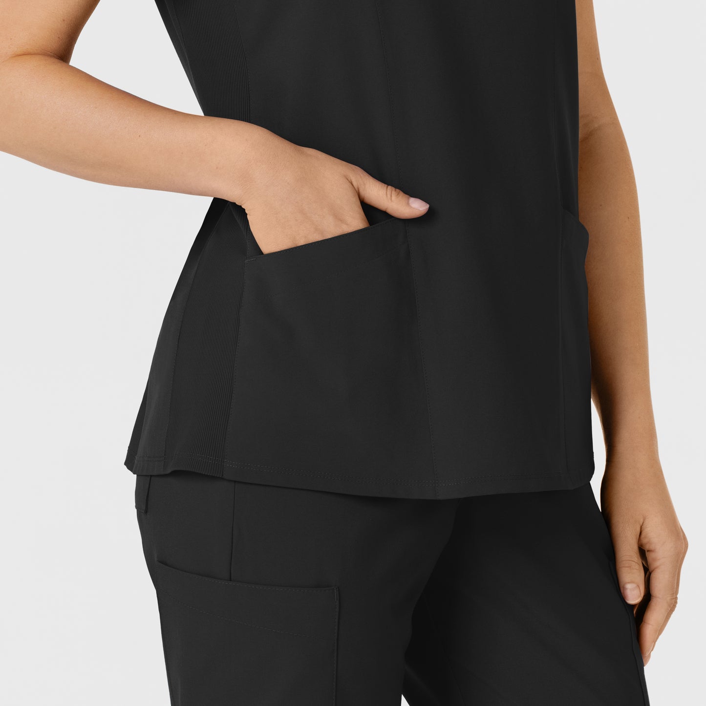 W123 6145 Flex-n-Reach Side Panel V-Neck Scrub Top Black Model Image Alternate | Wink