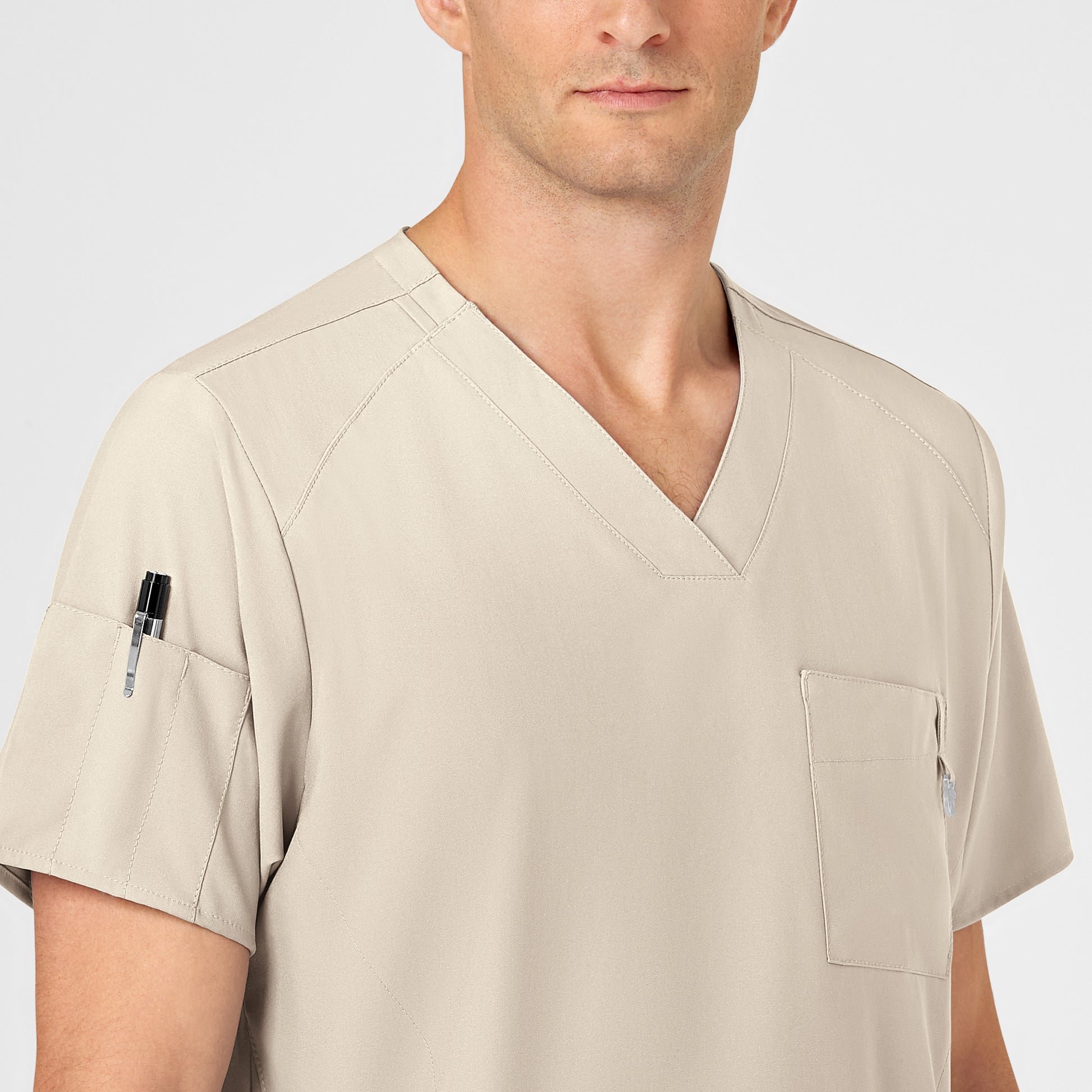 W123 6355 Men's V-Neck Scrub Top Khaki Model Image Alternate | Wink