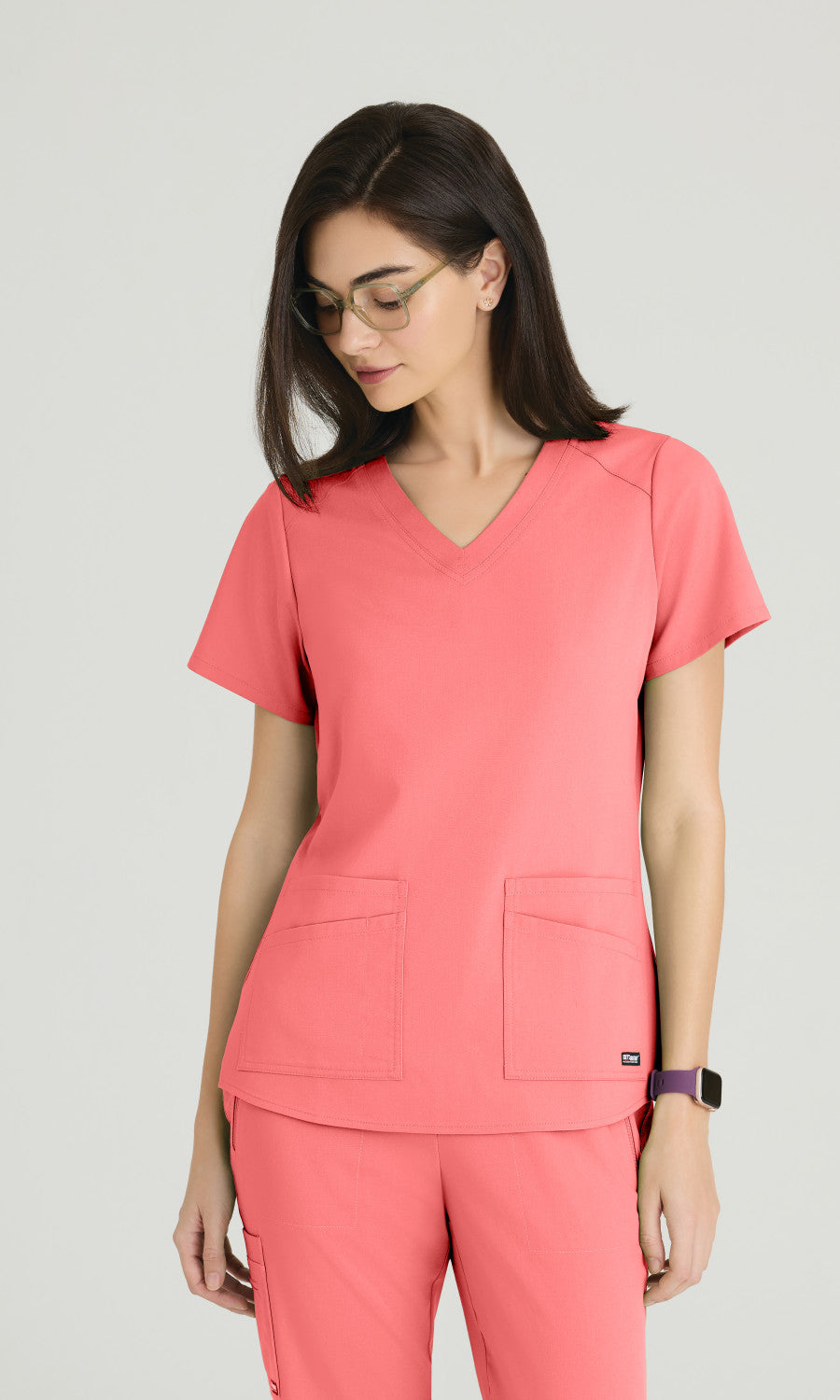 Greys Anatomy Spandex Stretch GRST011 Women's Emma Top in Coral Bloom by Barco Model Image Front