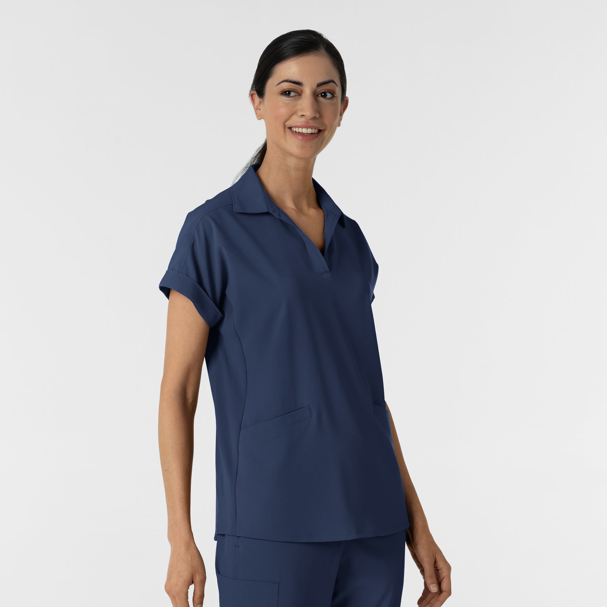 RENEW 6934 Women’s Flex-n-Reach Collared Scrub Top Navy Model Image Right Side | Wink