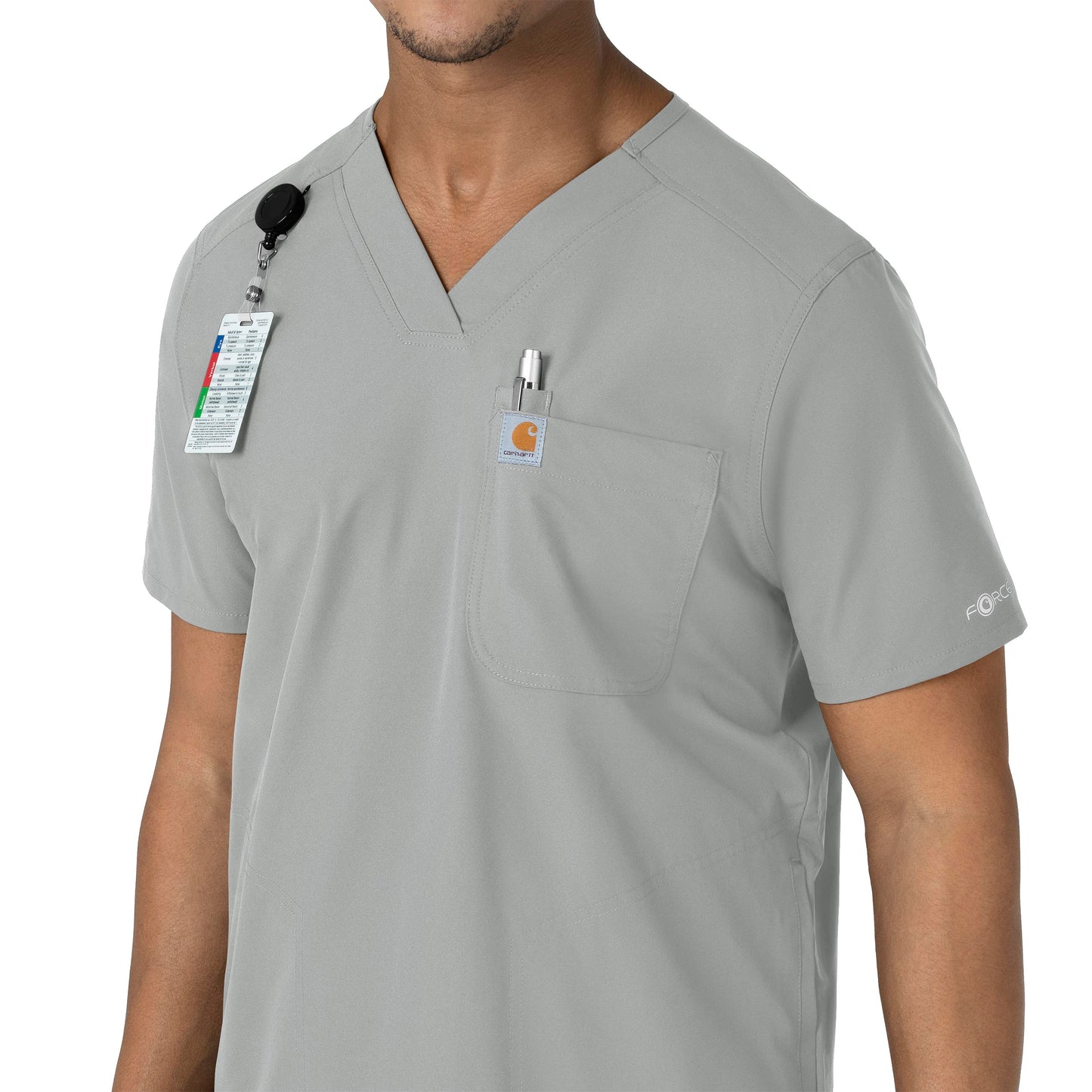 Force Essentials C16113 Men's V-Neck Shirttail Scrub Top Grey Model Image Left Side | Carhartt