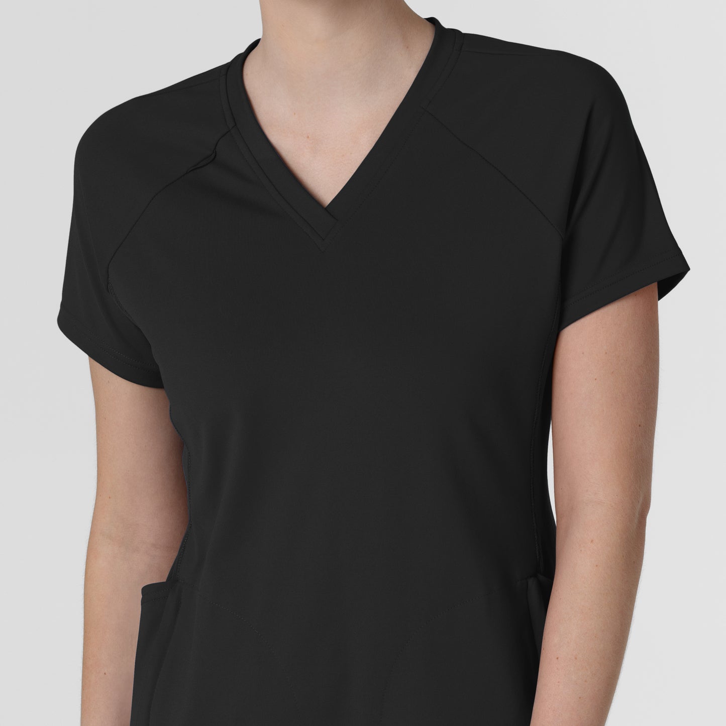 RENEW 6259 Knit Flex-n-Reach V-Neck Raglan Scrub Top Black Model Image Left Side | Wink