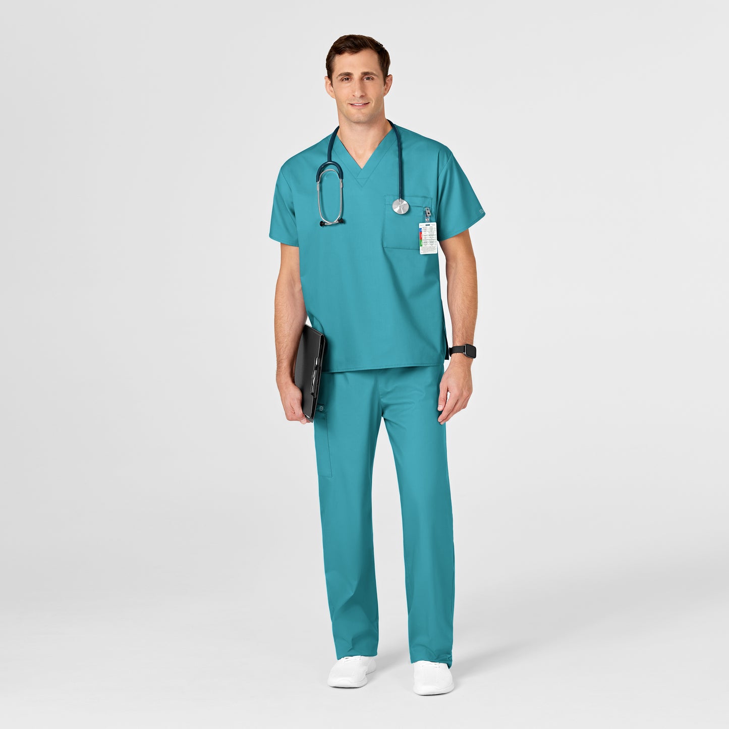 WonderWORK 100 Unisex V-Neck Scrub Top Teal Blue Model Image Alternate | Wink