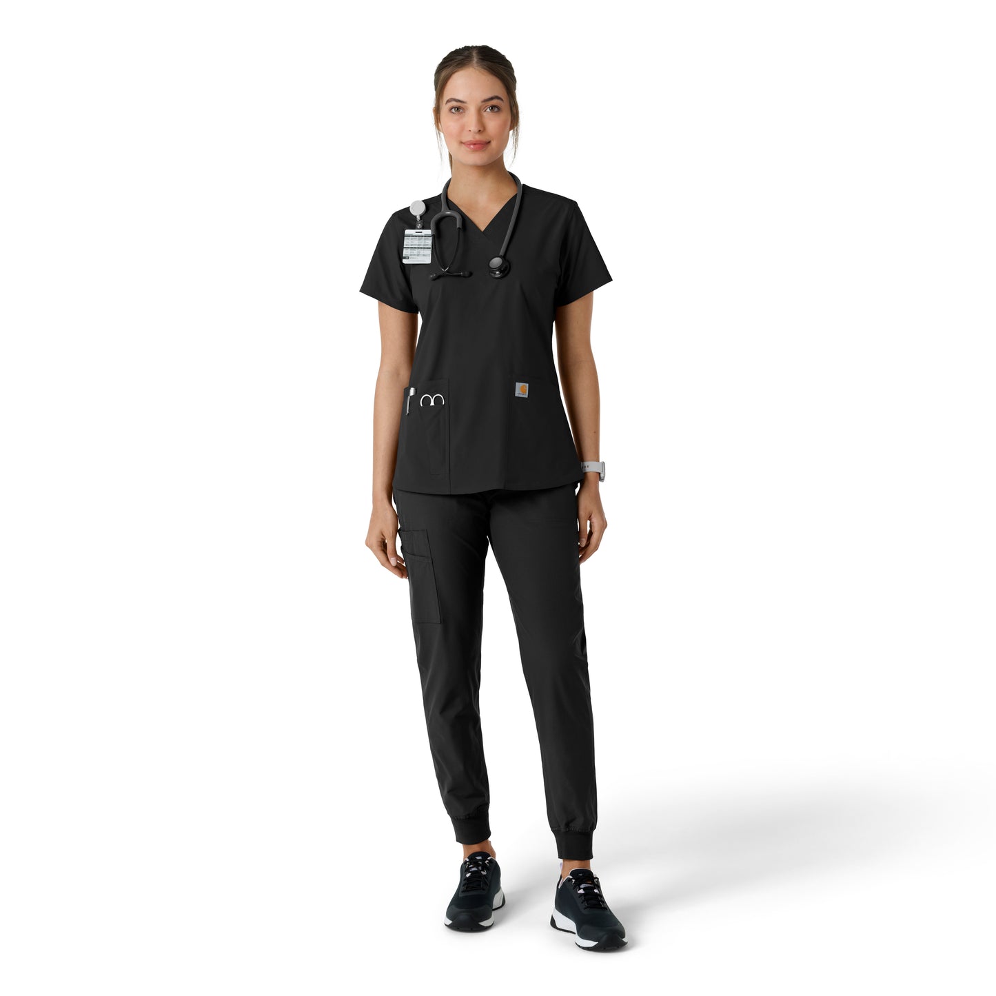 Force Essentials C12313 V-Neck Knit Panel Scrub Top Black Model Image Right Side | Carhartt