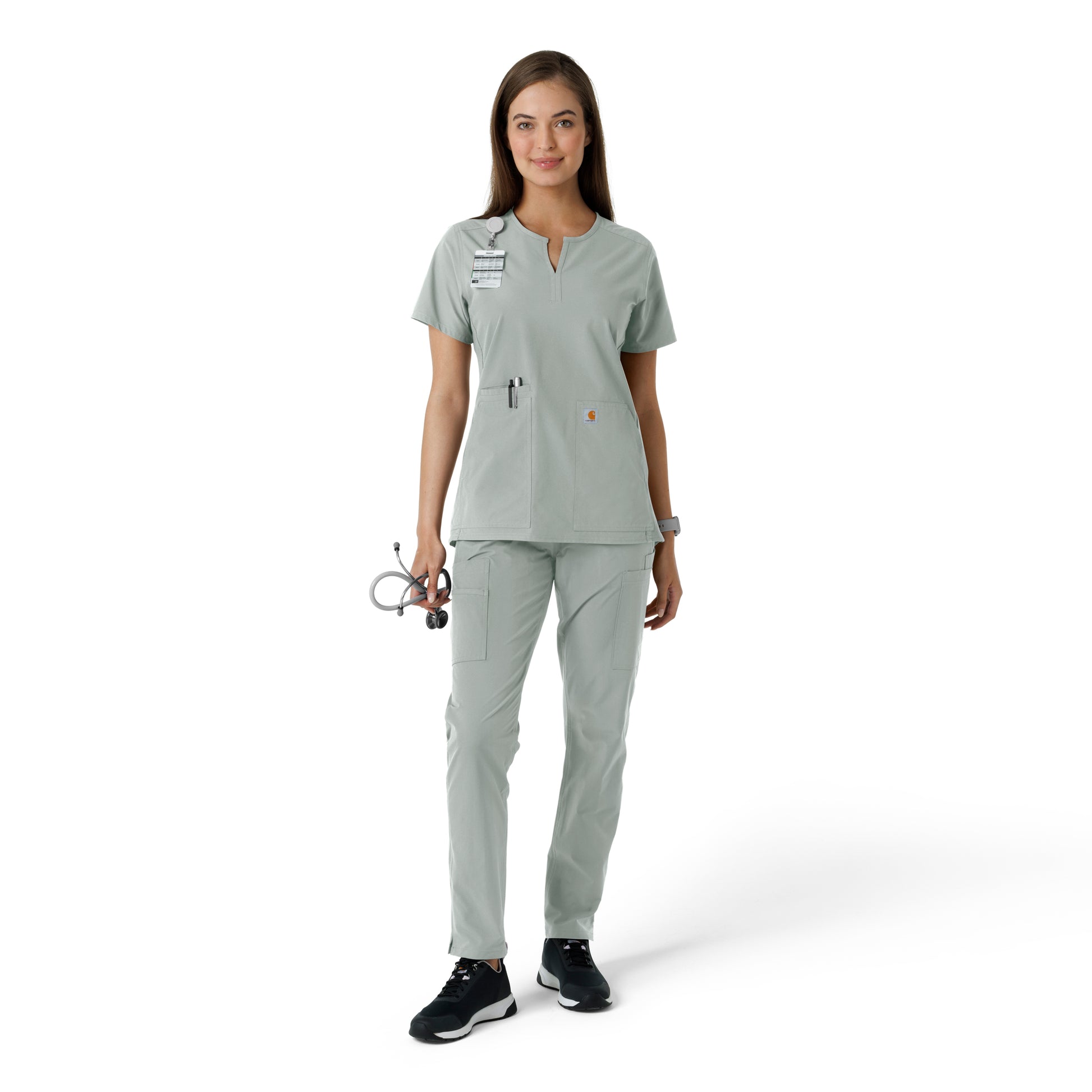 Force Essentials C12413 Notch Neck Tunic Knit Panel Scrub Top Grey Model Image Right Side | Carhartt