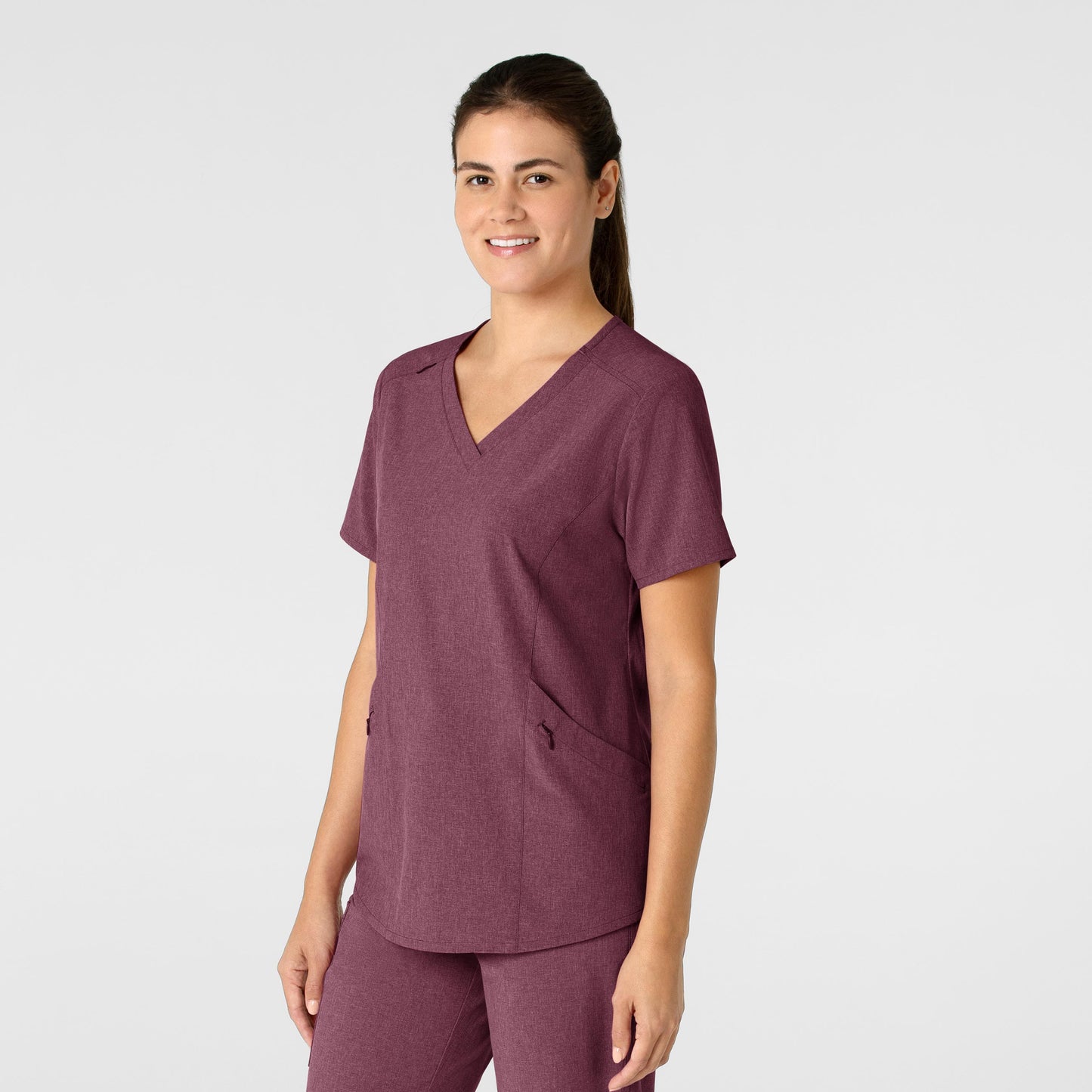 RENEW 6134 V-Neck Scrub Top Wine Heather Model Image Right Side | Wink