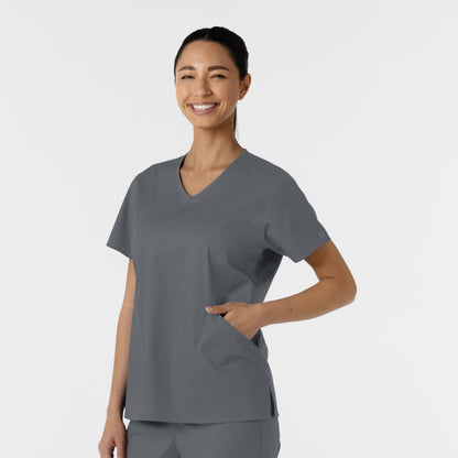 WonderWORK 106 Curved V-Neck Scrub Top Pewter Model Image Right Side | Wink