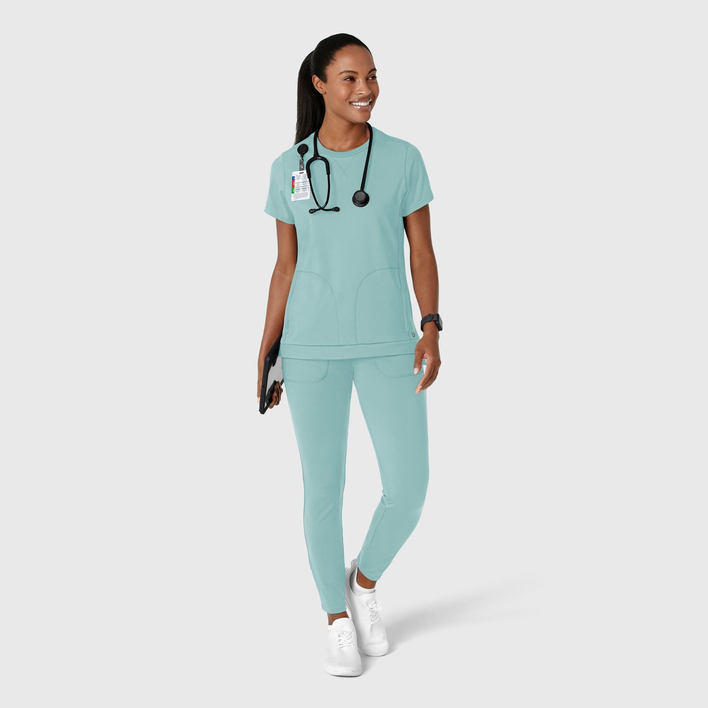RENEW Knit 6359 Women's Flex-n-Reach Crew Neck Scrub Top Coastal Blue