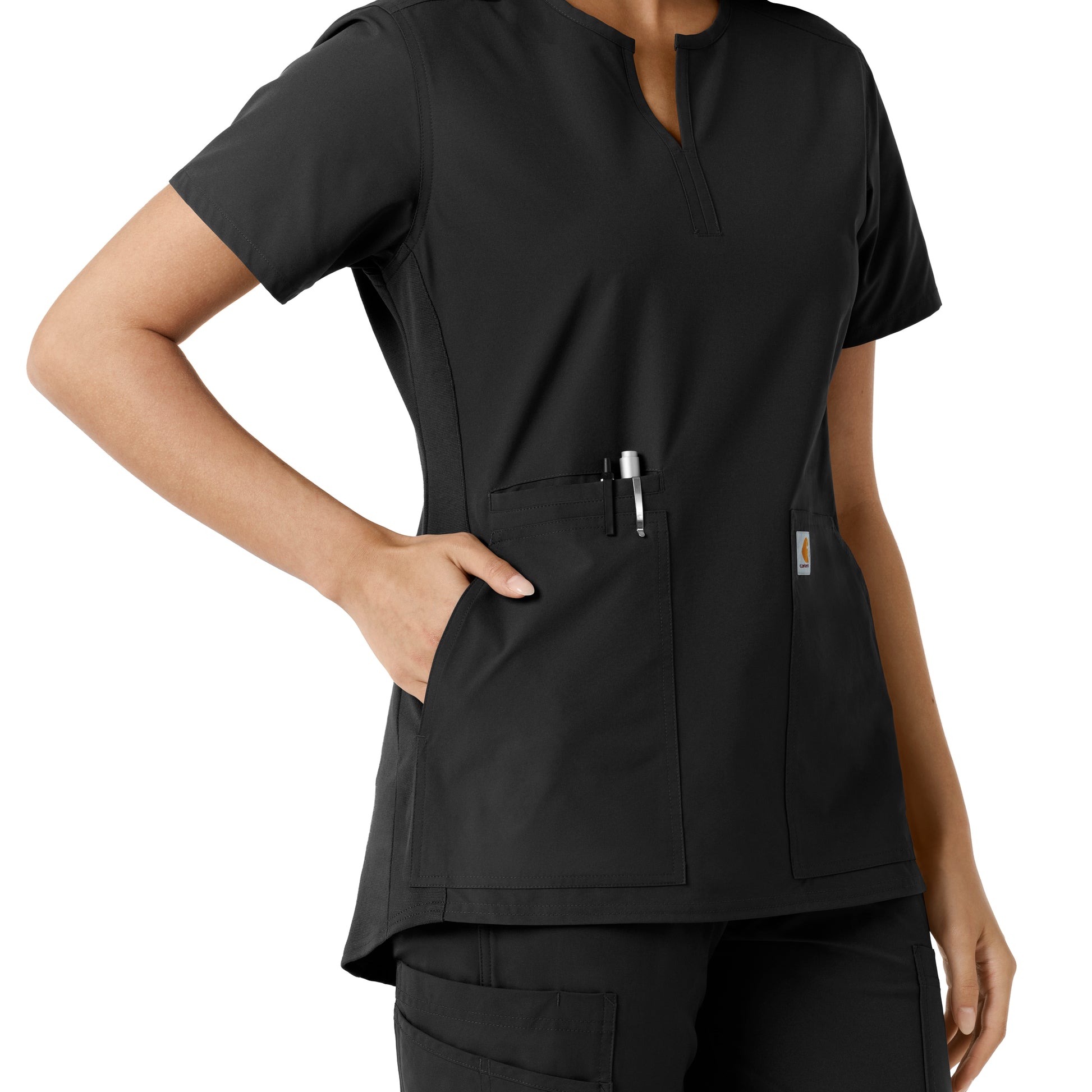 Force Essentials C12413 Notch Neck Tunic Knit Panel Scrub Top Black Model Image Alternate | Carhartt