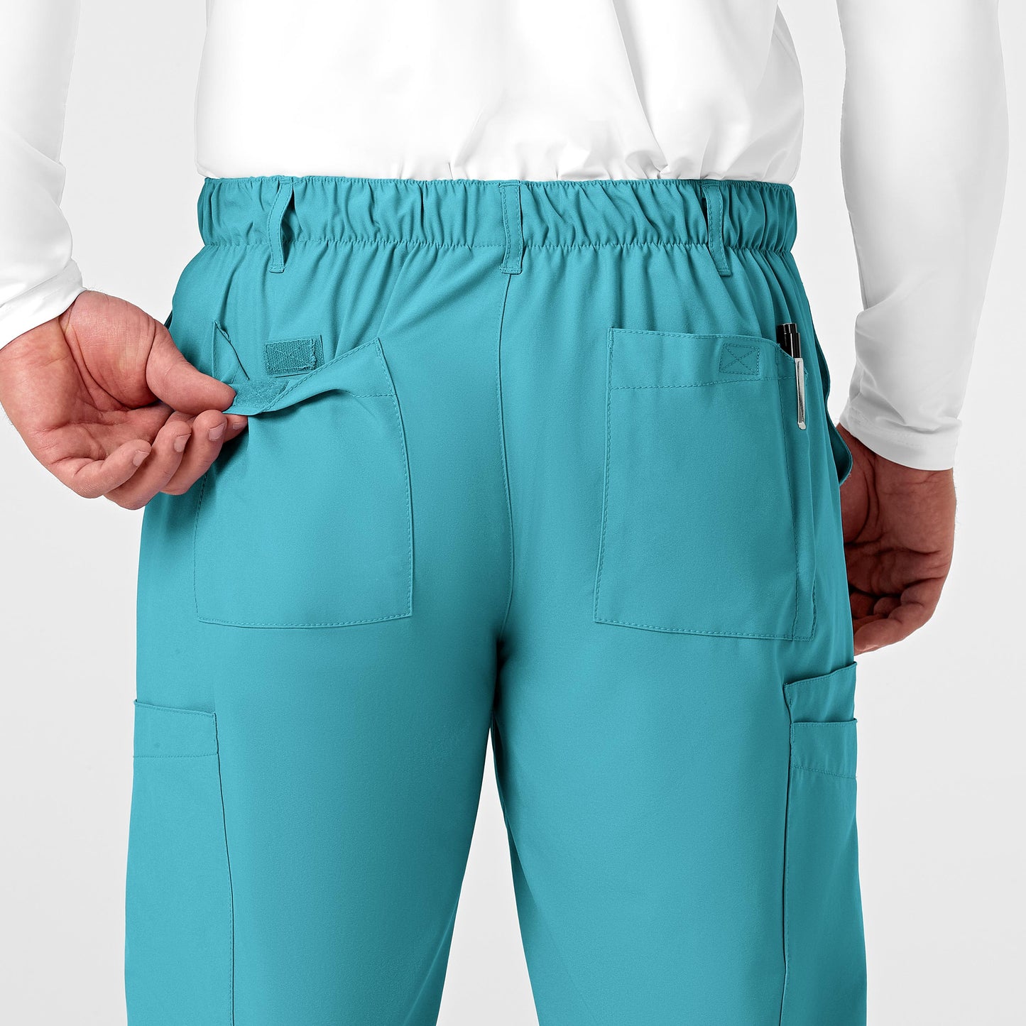 W123 5355 Men's Flat Front Cargo Scrub Pants Teal Blue Model Image Alternate | Wink