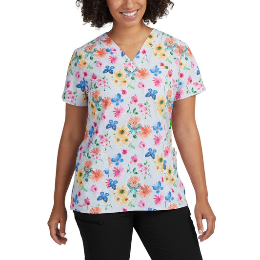 Prints 618GATE Women's 3 Pocket V Neck Scrub Top Garden Tea Image