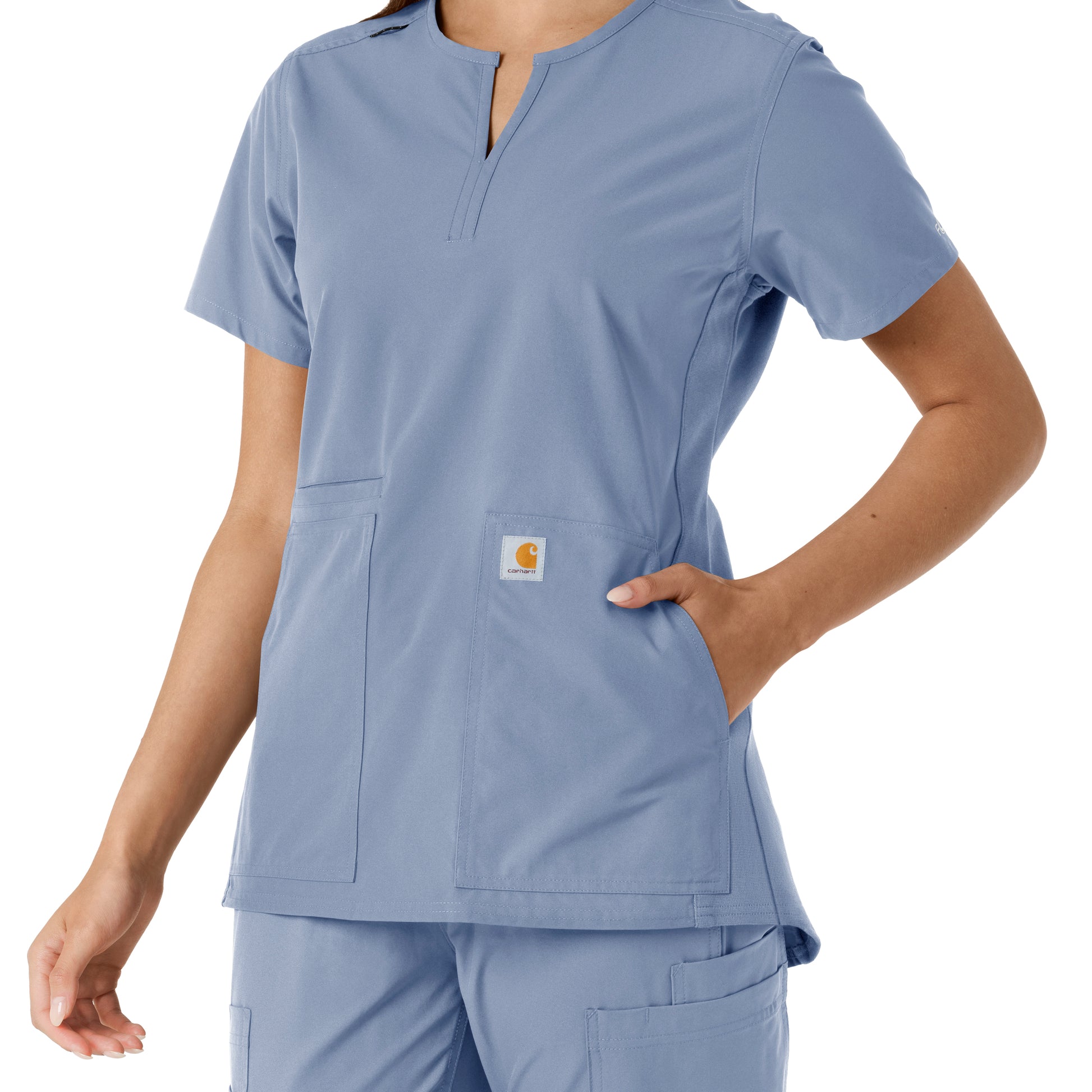 Force Essentials C12413 Notch Neck Tunic Knit Panel Scrub Top Ceil Blue Model Image Alternate | Carhartt