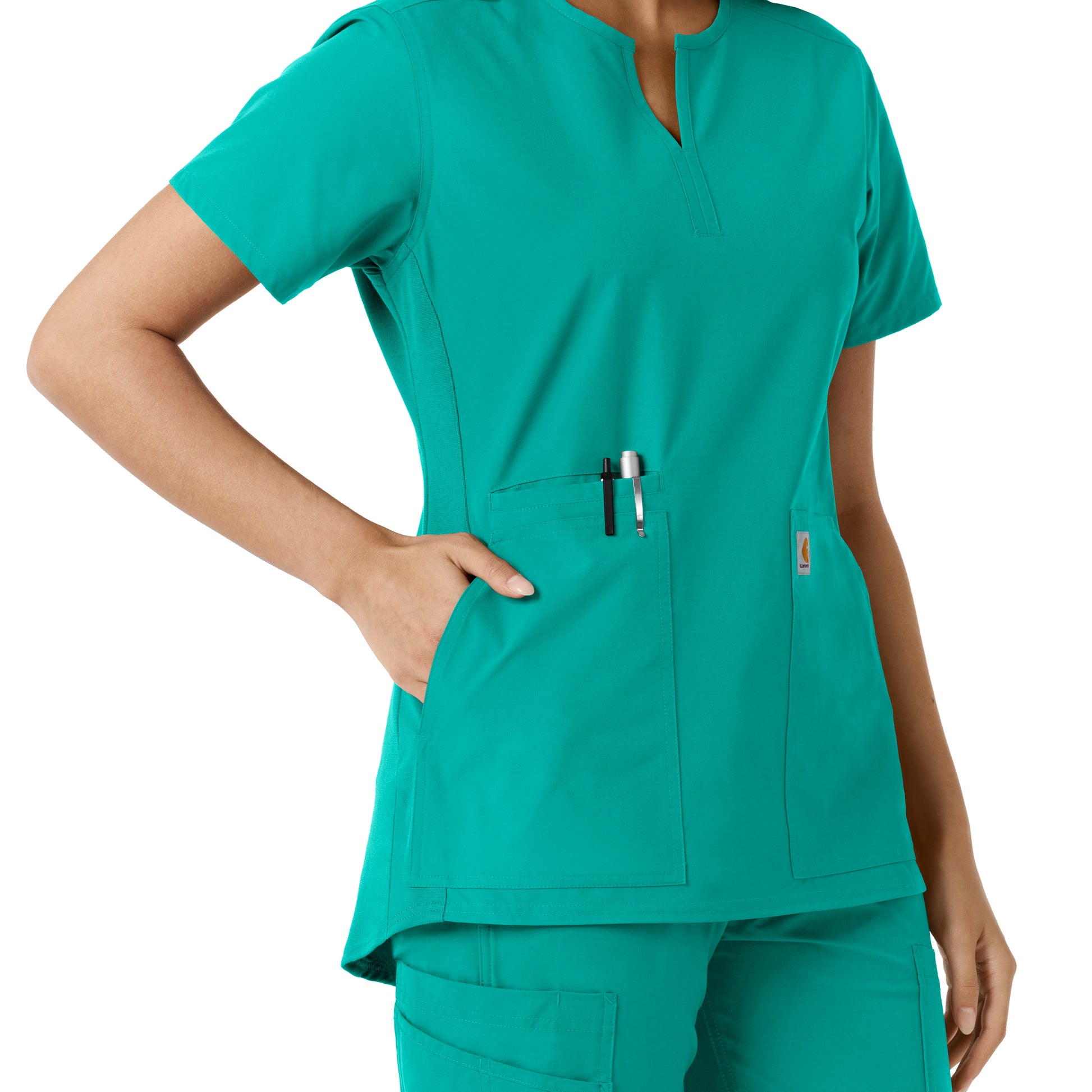 Force Essentials C12413 Notch Neck Tunic Knit Panel Scrub Top Teal Model Image Alternate | Carhartt