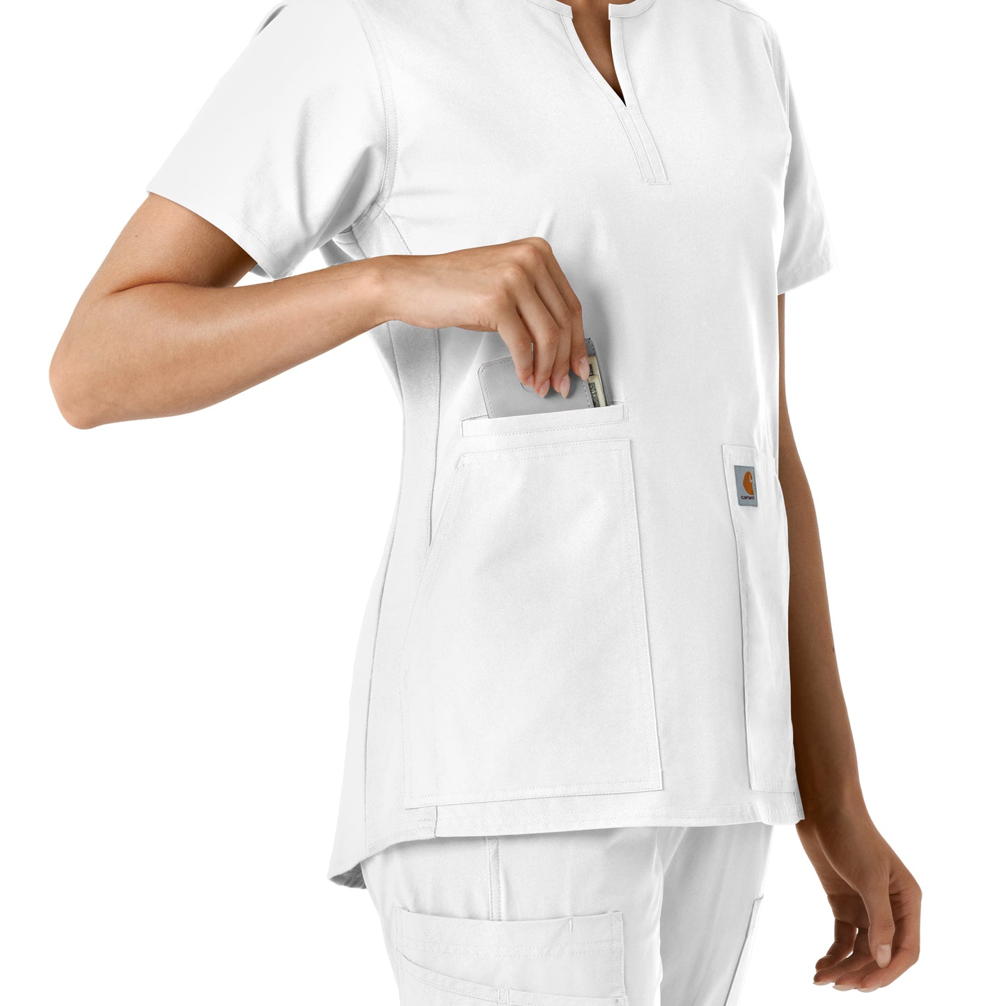 Force Essentials C12413 Notch Neck Tunic Knit Panel Scrub Top White Model Image Alternate | Carhartt