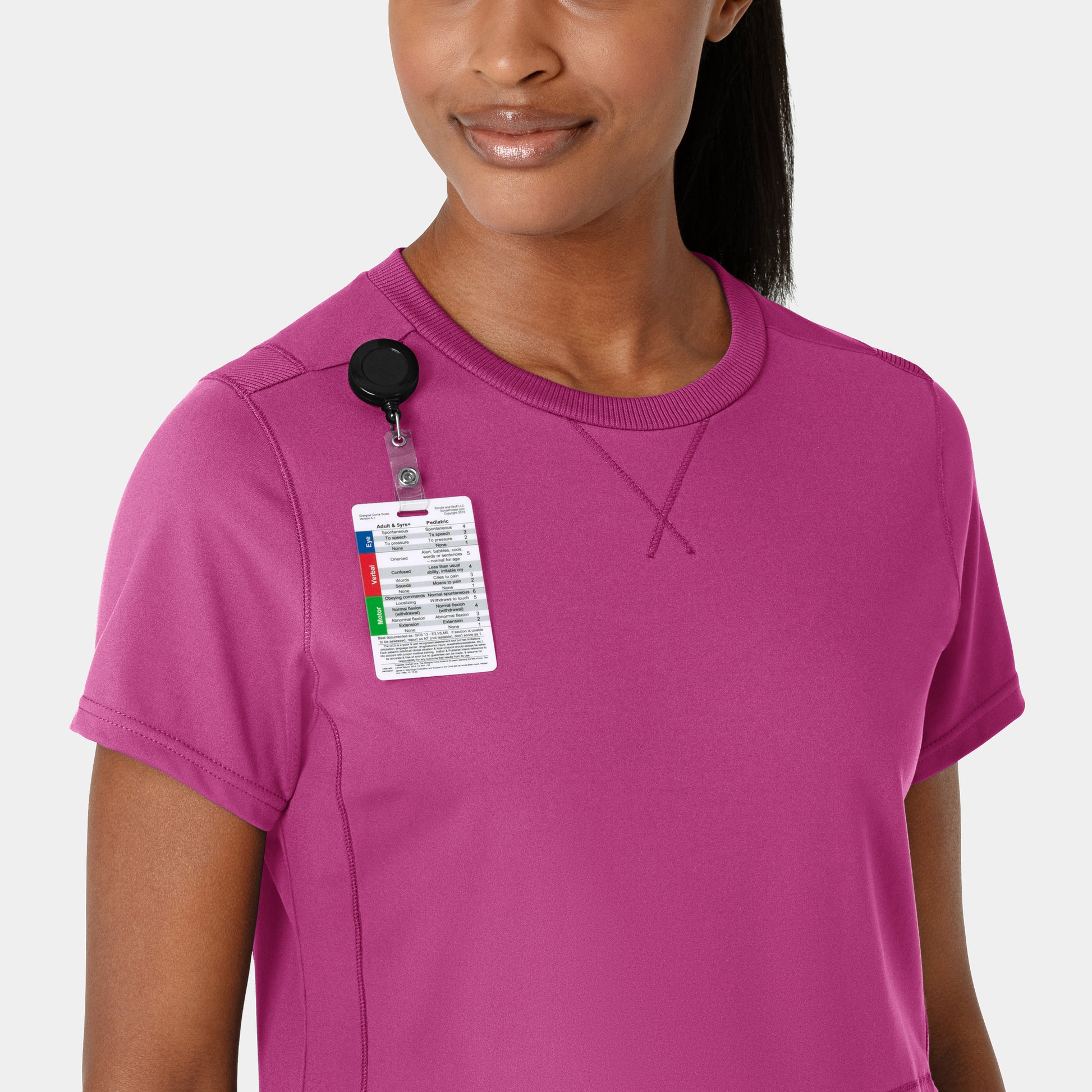 RENEW 6359 Knit Flex-n-Reach Crew Neck Scrub Top Raspberry Model Image Left Side | Wink