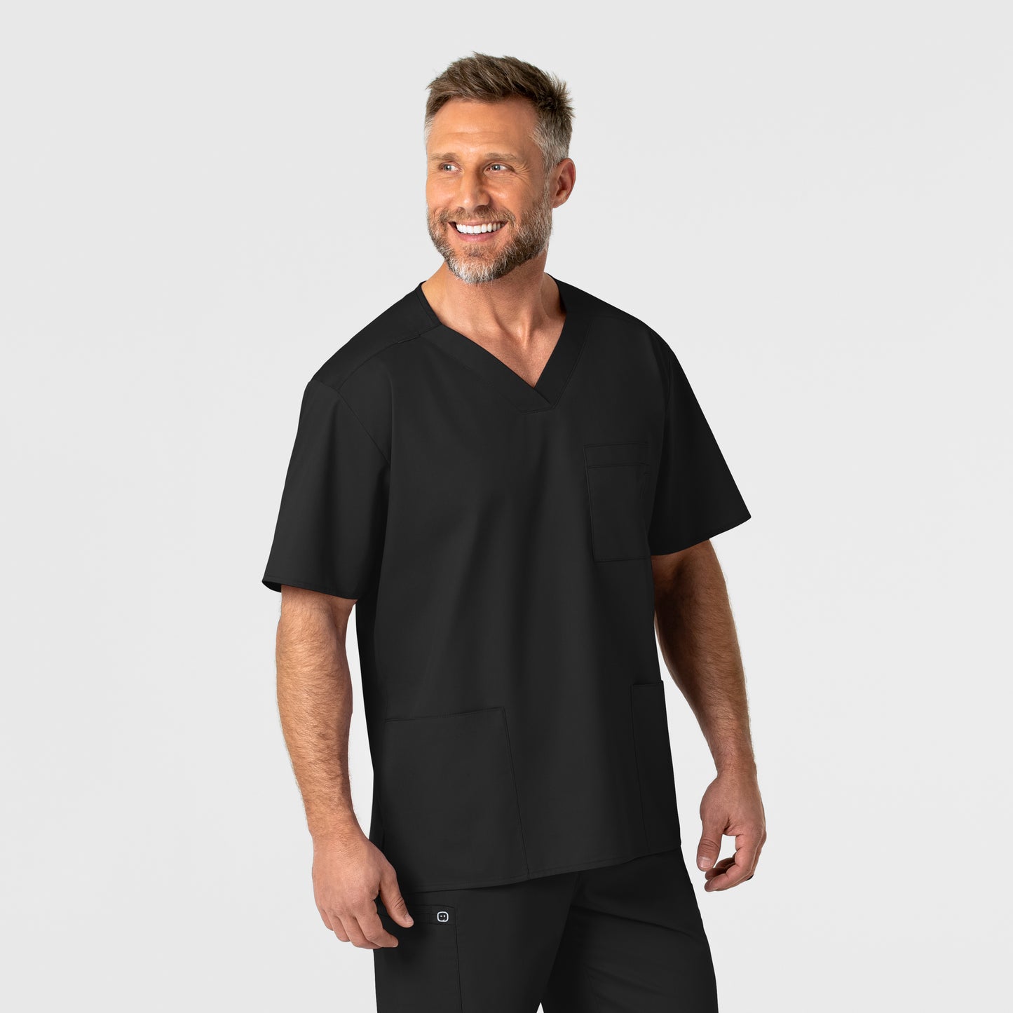 WonderWORK 103 Men's V-Neck Scrub Top Black Model Image Right Side | Wink