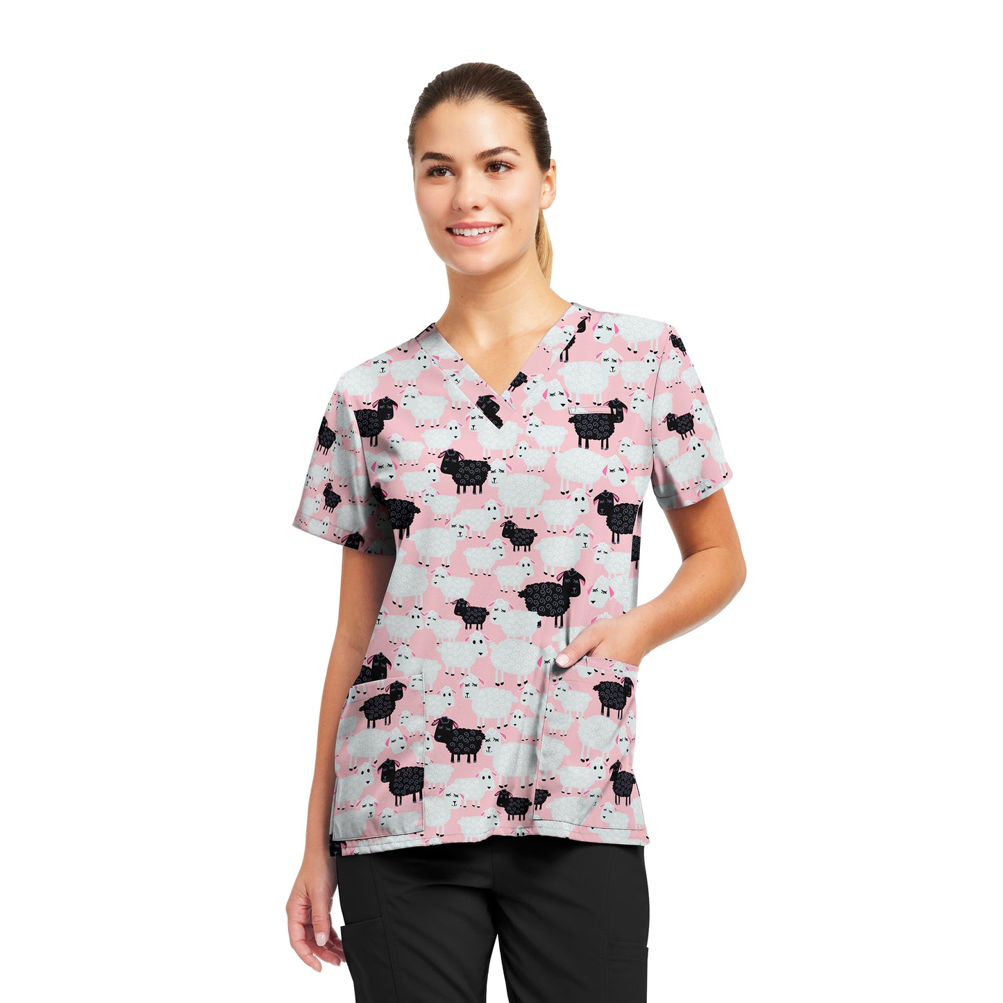 Prints 618BBB Women's 3 Pocket V Neck Scrub Top Baa Baa Black Sheep Image