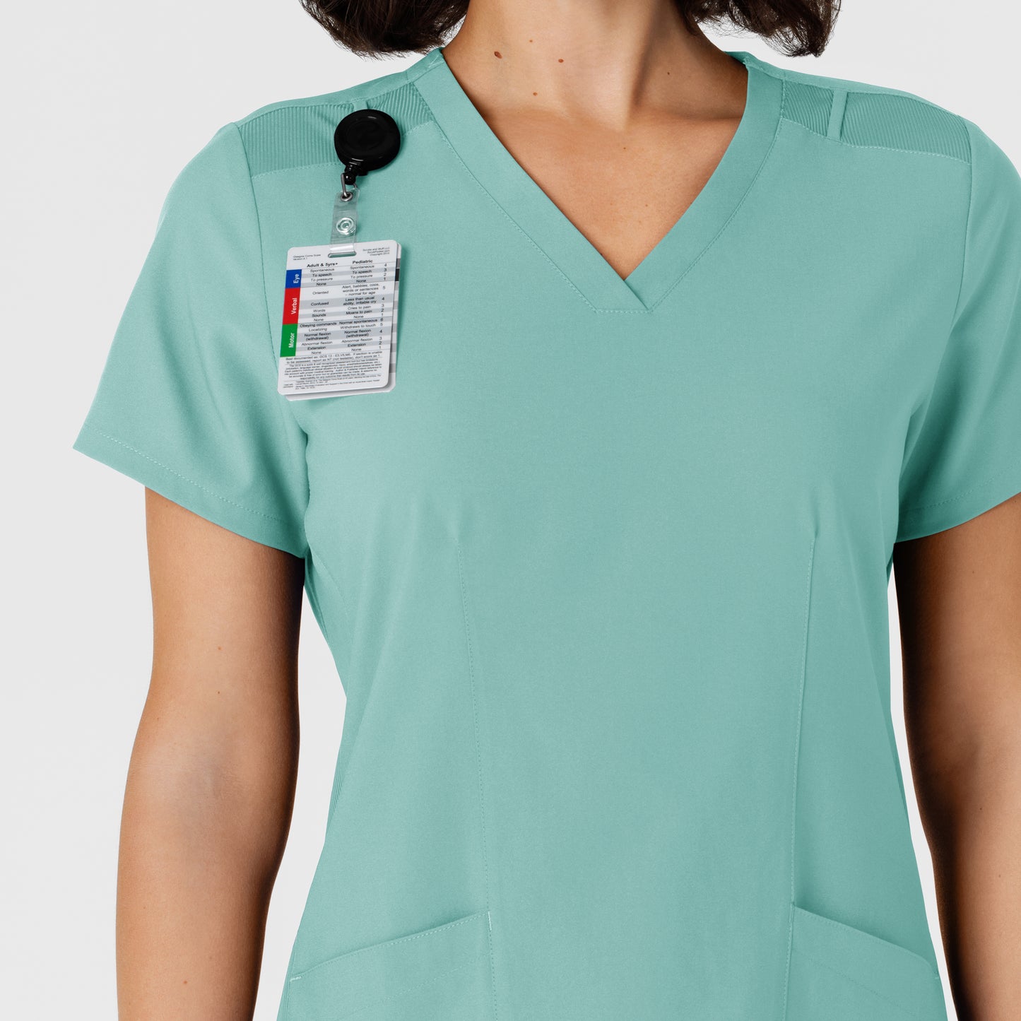 W123 6145 Flex-n-Reach Side Panel V-Neck Scrub Top Turquoise Model Image Alternate | Wink