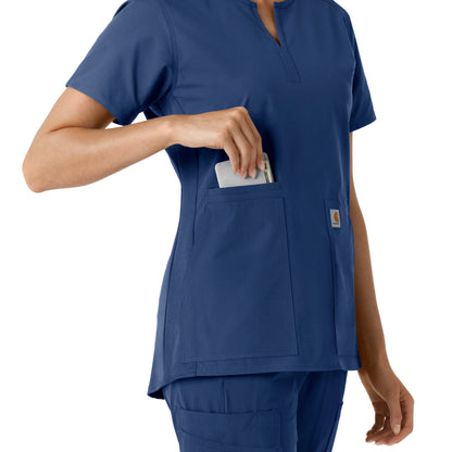 Force Essentials C12413 Notch Neck Tunic Knit Panel Scrub Top Navy Model Image Alternate | Carhartt