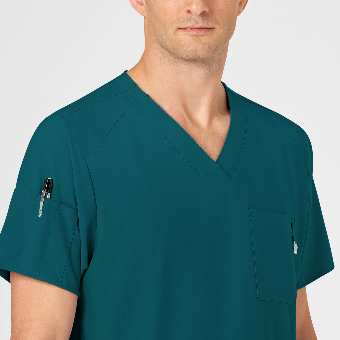 W123 6355 Men's V-Neck Scrub Top Caribbean Blue Model Image Alternate | Wink