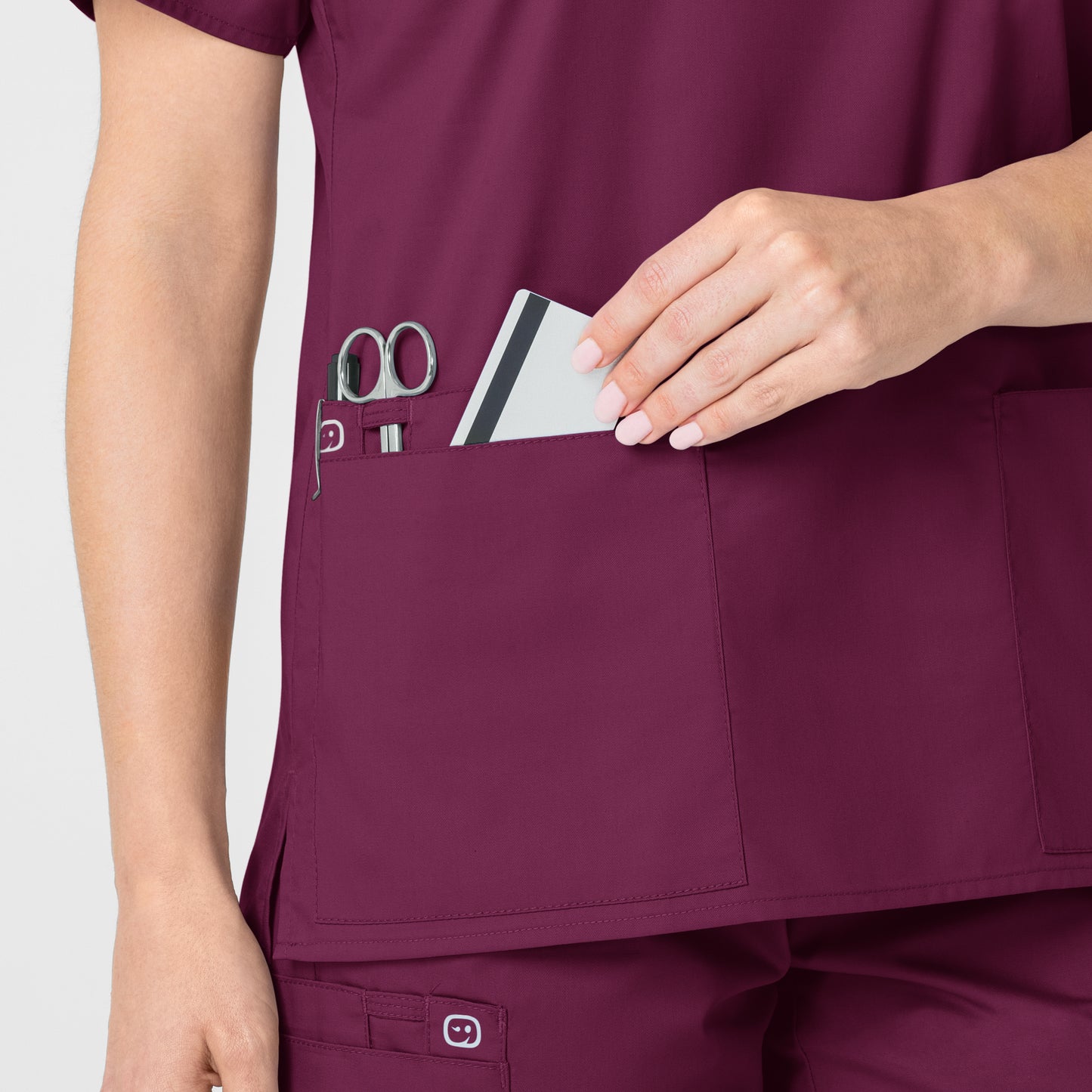 WonderWORK 101 V-Neck Scrub Top Wine Model Image Alternate | Wink