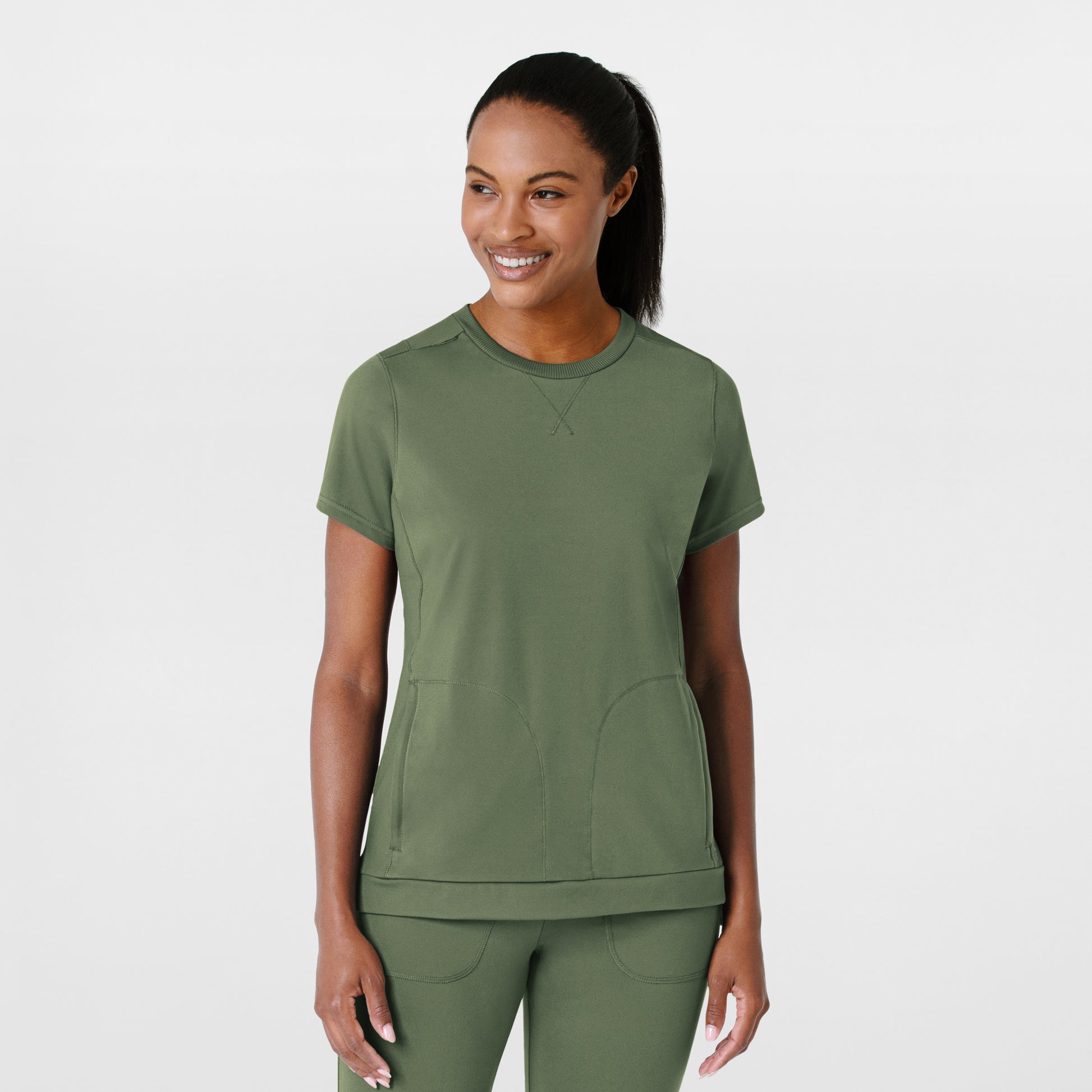 RENEW Knit 6359 Women's Flex-n-Reach Crew Neck Scrub Top Olive