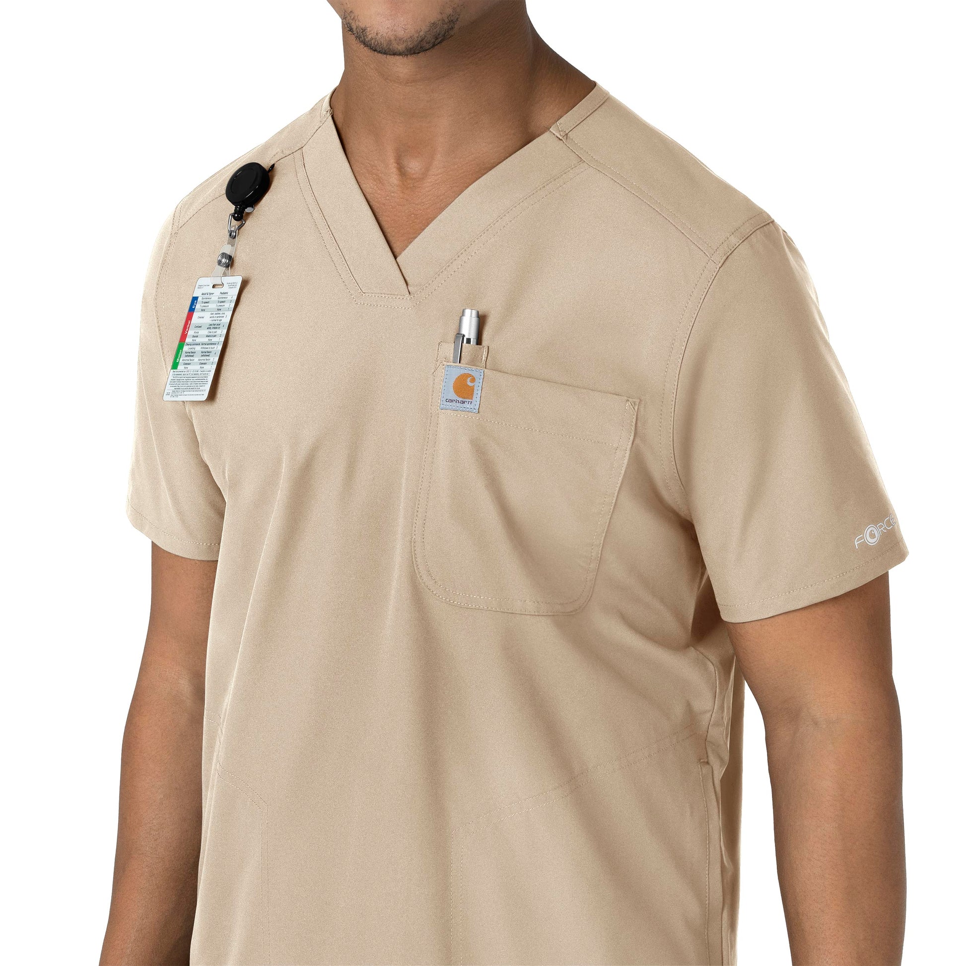 Force Essentials C16113 Men's V-Neck Shirttail Scrub Top Khaki Model Image Alternate | Carhartt