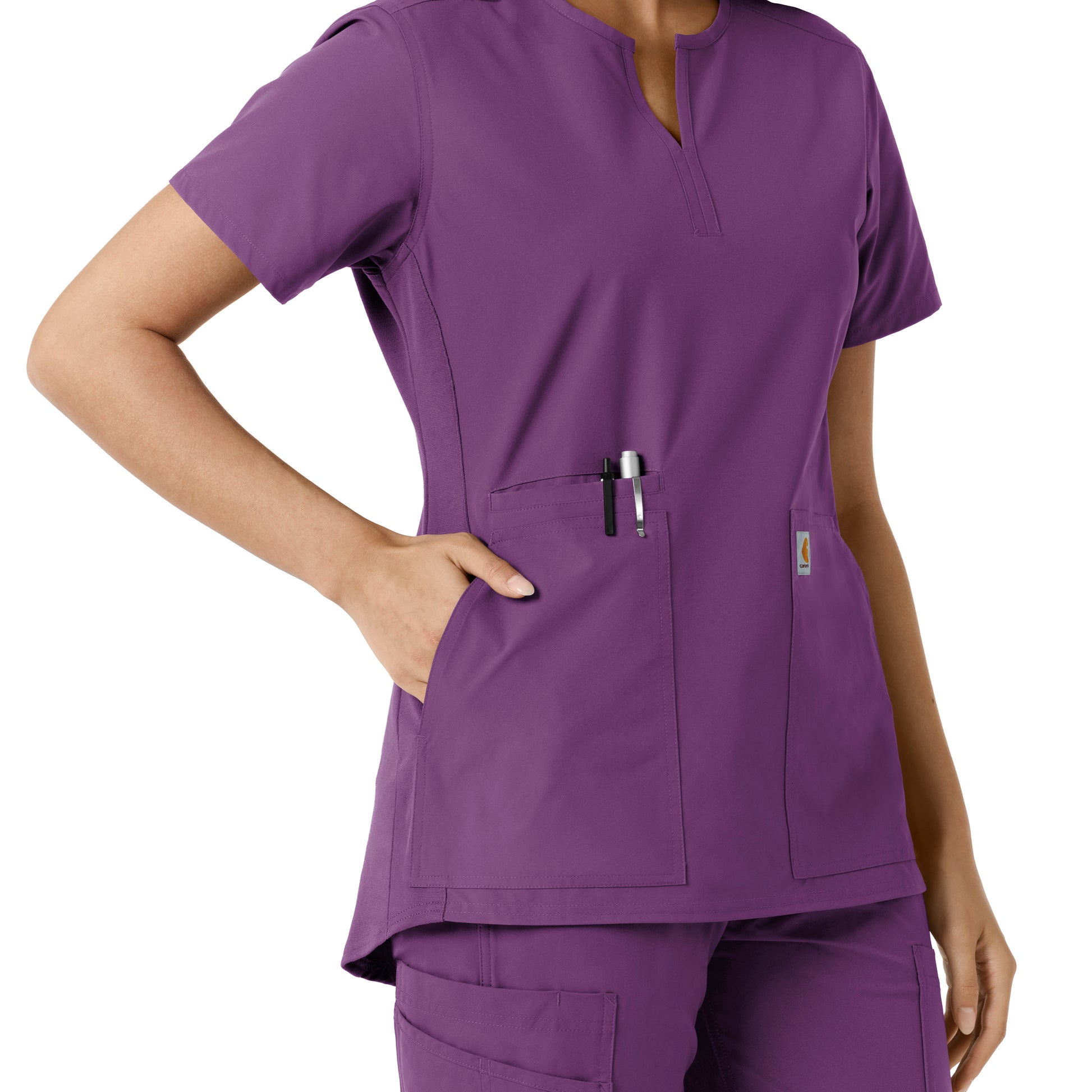 Force Essentials C12413 Notch Neck Tunic Knit Panel Scrub Top Eggplant Model Image Alternate | Carhartt