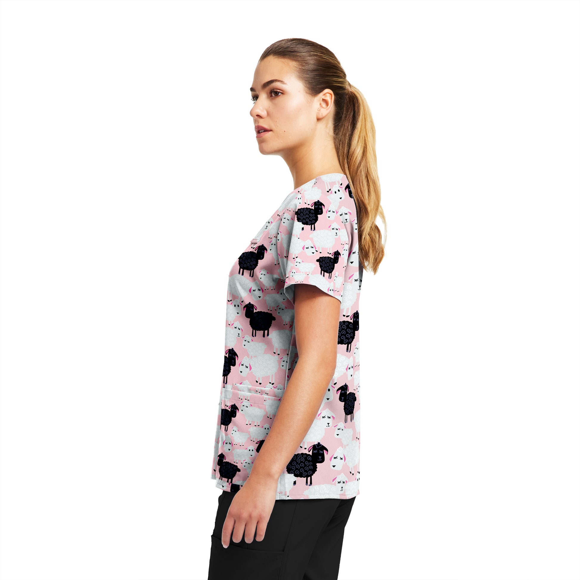 Prints 618BBB Women's 3 Pocket V Neck Scrub Top Baa Baa Black Sheep Image