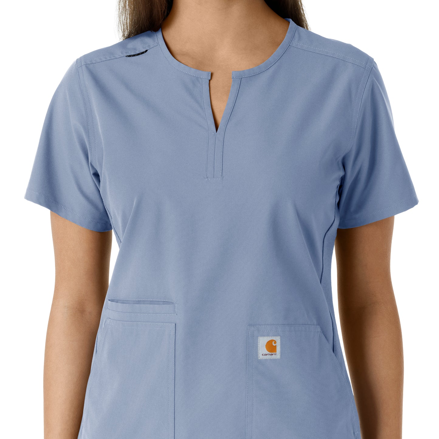 Force Essentials C12413 Notch Neck Tunic Knit Panel Scrub Top Ceil Blue Model Image Left Side | Carhartt