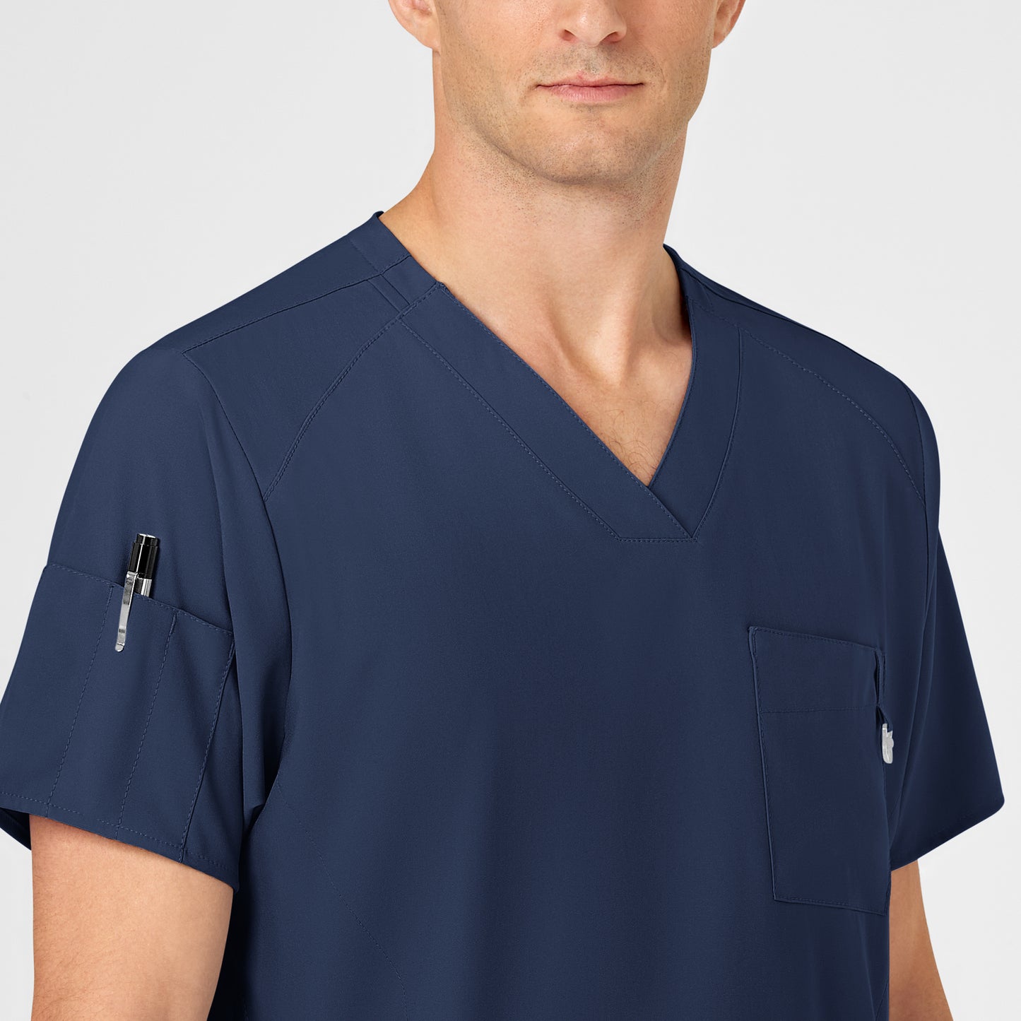 W123 6355 Men's V-Neck Scrub Top Navy Model Image Left Side | Wink