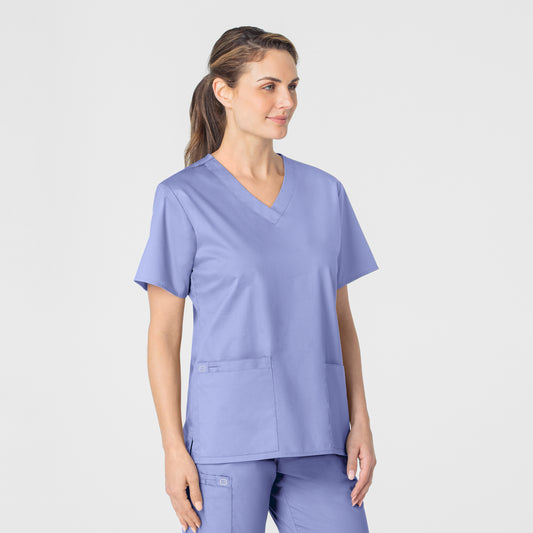 WonderWORK 101 V-Neck Scrub Top Ceil Blue Model Image Right Side | Wink