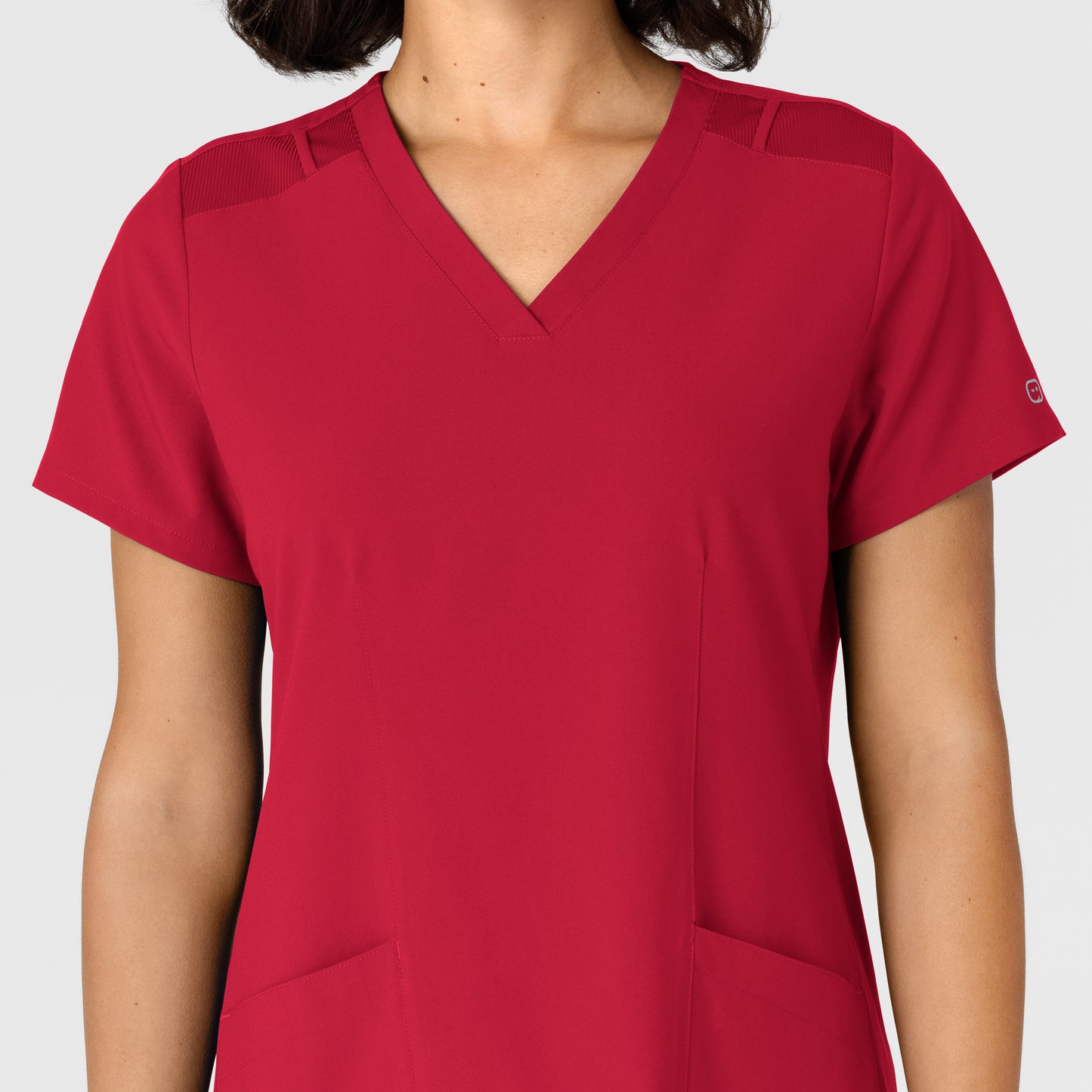 W123 6145 Flex-n-Reach Side Panel V-Neck Scrub Top Red Model Image Left Side | Wink