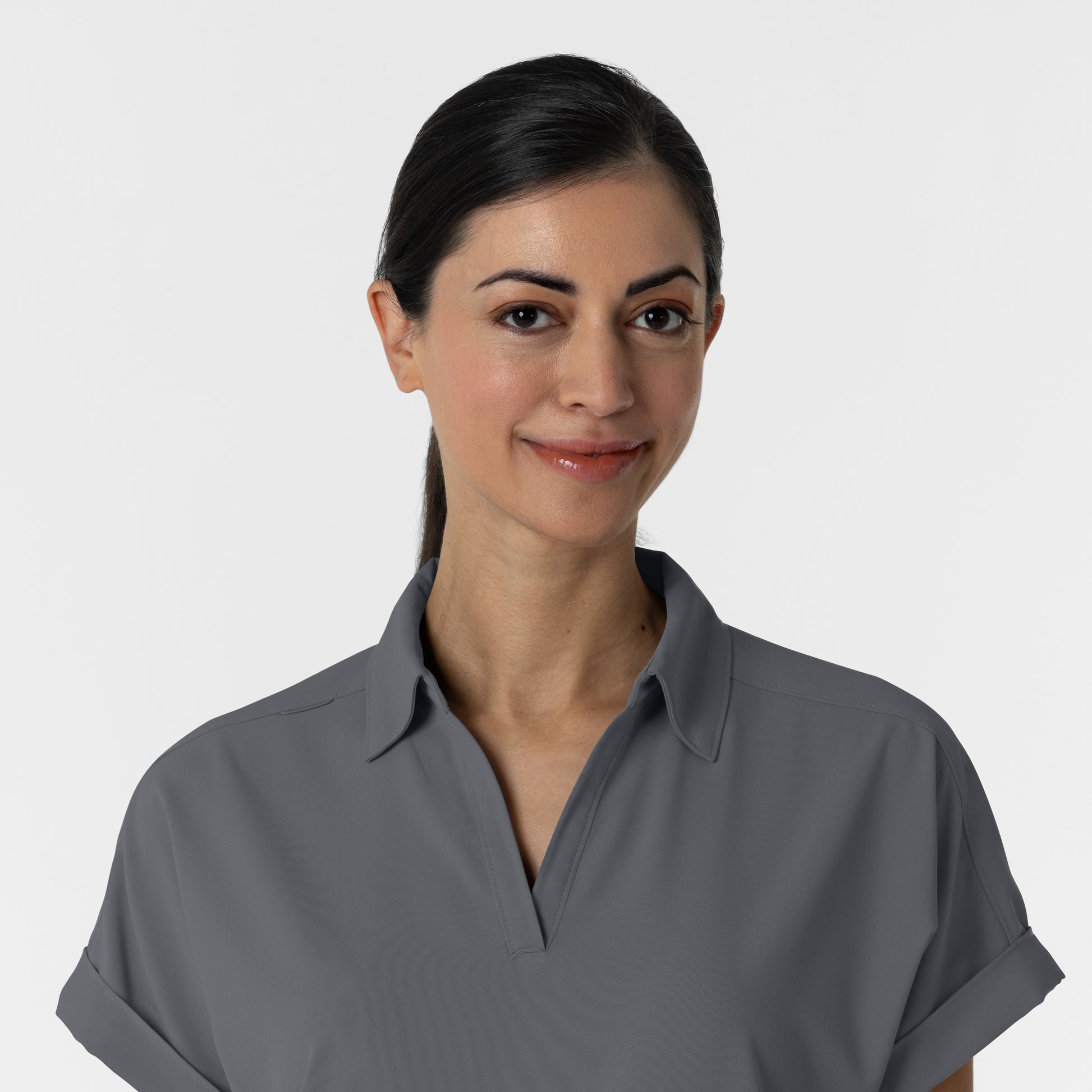 RENEW 6934 Women’s Flex-n-Reach Collared Scrub Top Pewter Model Image Left Side | Wink