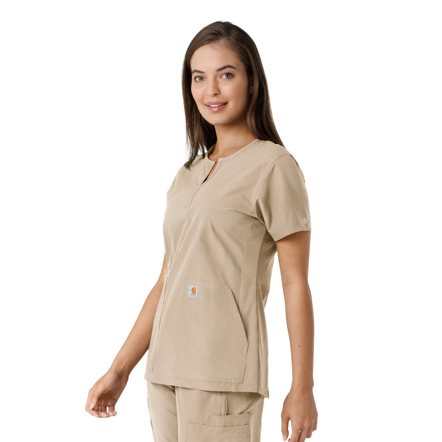 Force Essentials C12413 Notch Neck Tunic Knit Panel Scrub Top Khaki Model Image Right Side | Carhartt