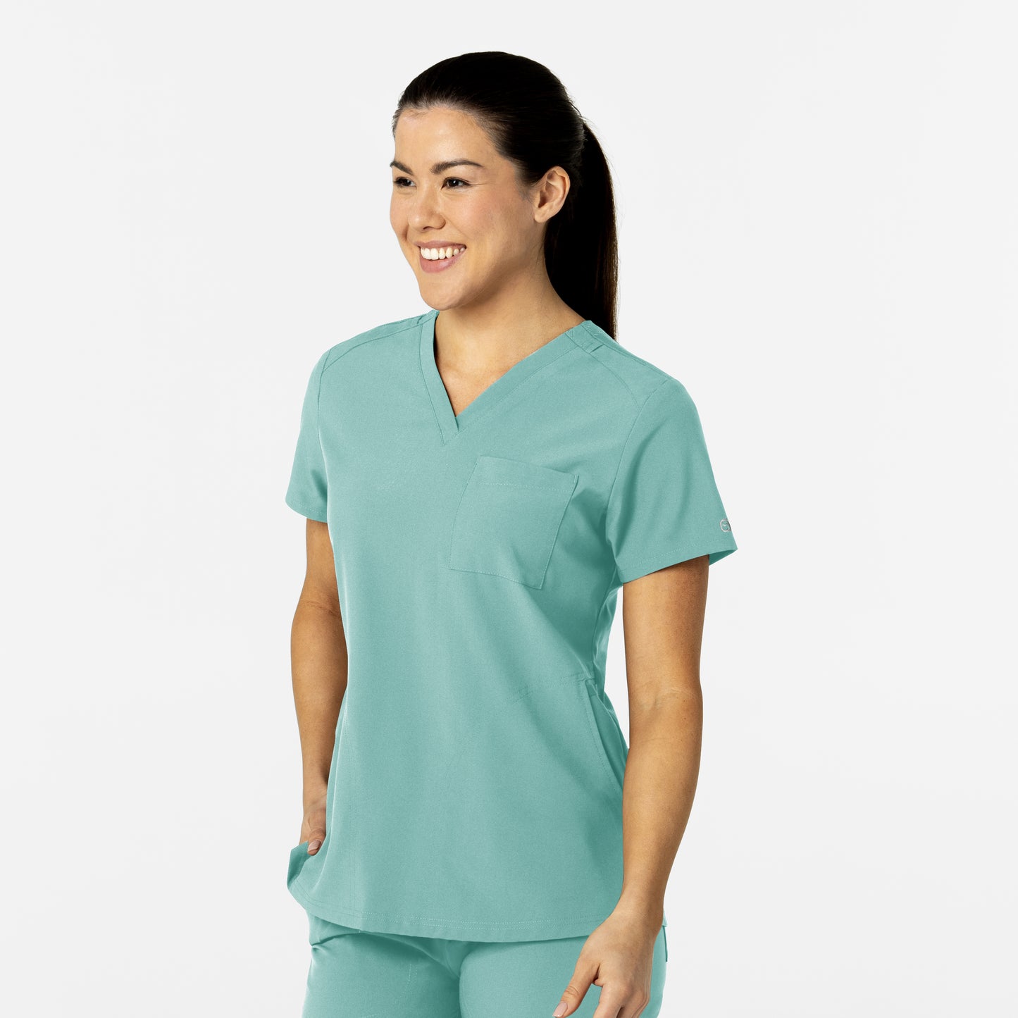 W123 6045 Flex-n-Reach V-Neck Scrub Top Turquoise Model Image Right Side | Wink