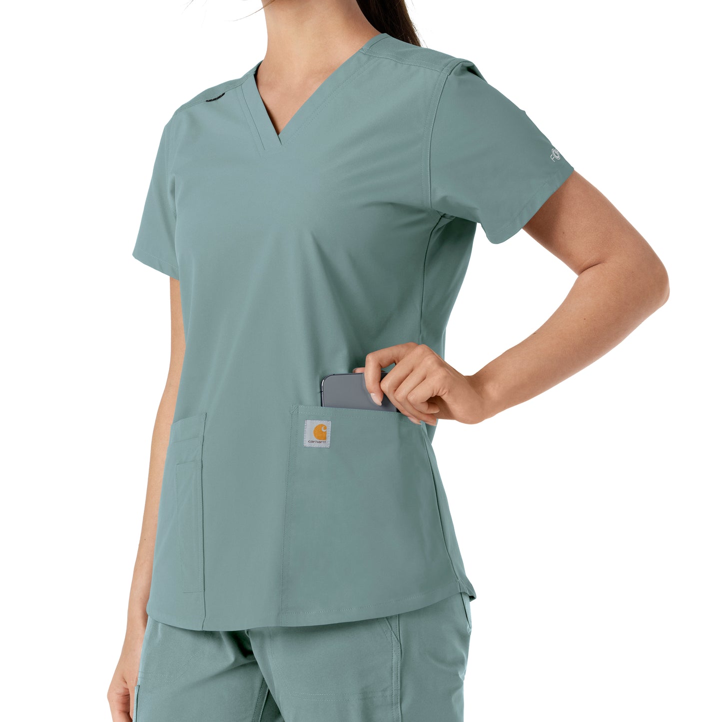 Force Essentials C12313 V-Neck Knit Panel Scrub Top Summer Blue Model Image Alternate | Carhartt